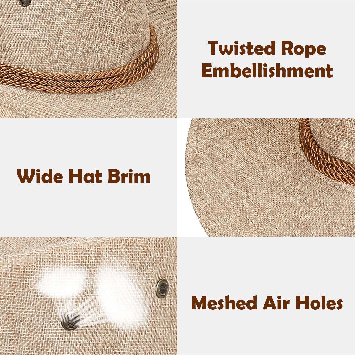 Mens Women Cowboy Fedora Hat Summer Wide Brim Linen Mesh Bucket Cap Outdoor Hats
