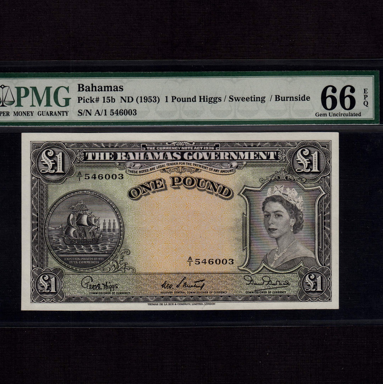 Bahamas 1 Pound 1953 P-15b * PMG Gem Unc 66 EPQ * Queen Elizabeth *