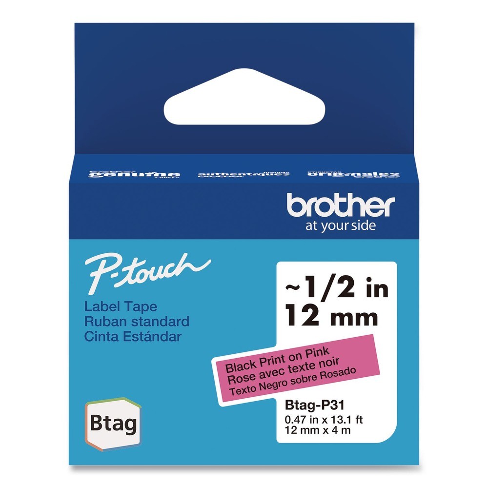 Brother P-Touch BTAGP31 0.47 in. x 13.1 ft. BTAG Label Tapes - BK on Pink New