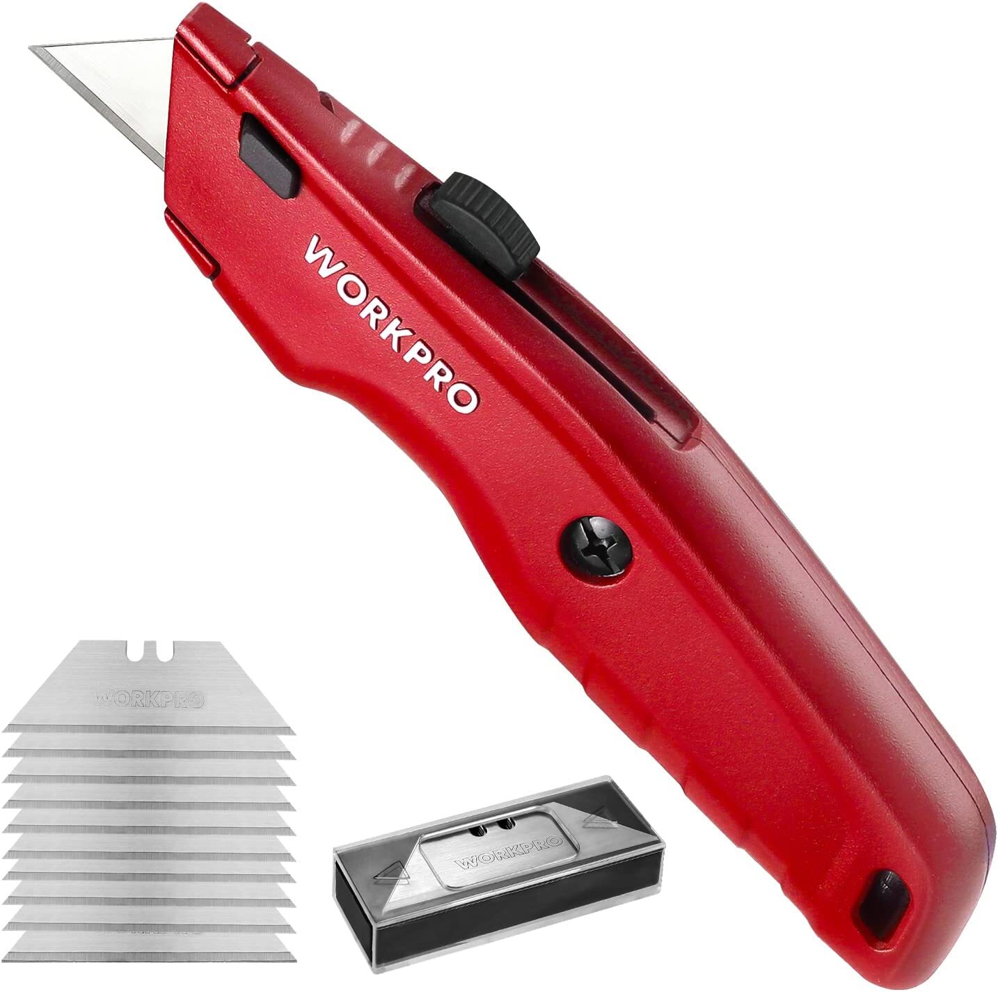WORKPRO Premium Utility Knife w/10 Extra Blade Quick Change Blade Black/Blue/Red