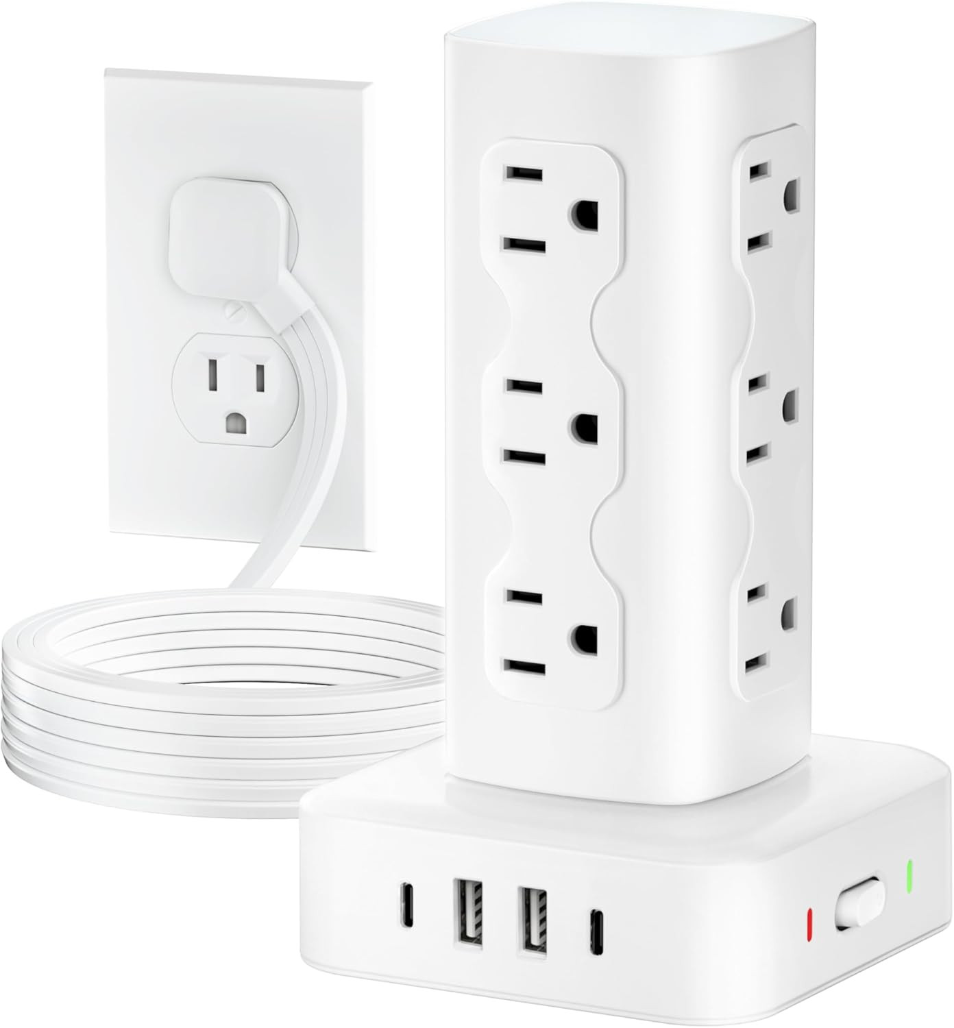 Power Strip Tower Surge Protector(2000J), Flat Plug Charging Station Tower with