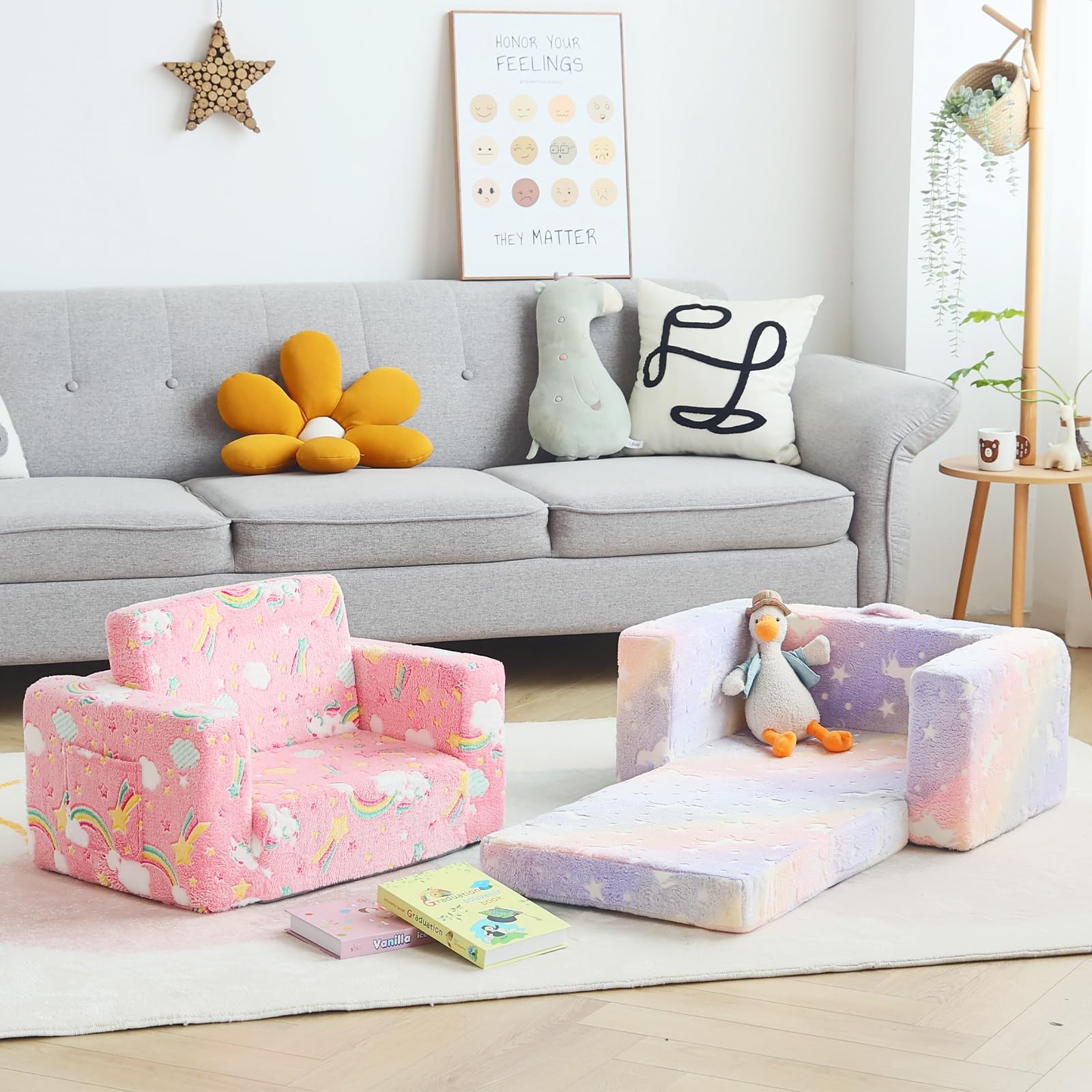 Kids Sofa Toddler Chair, Children Couch with Side Pockets 2 in 1 Glow in Dark...