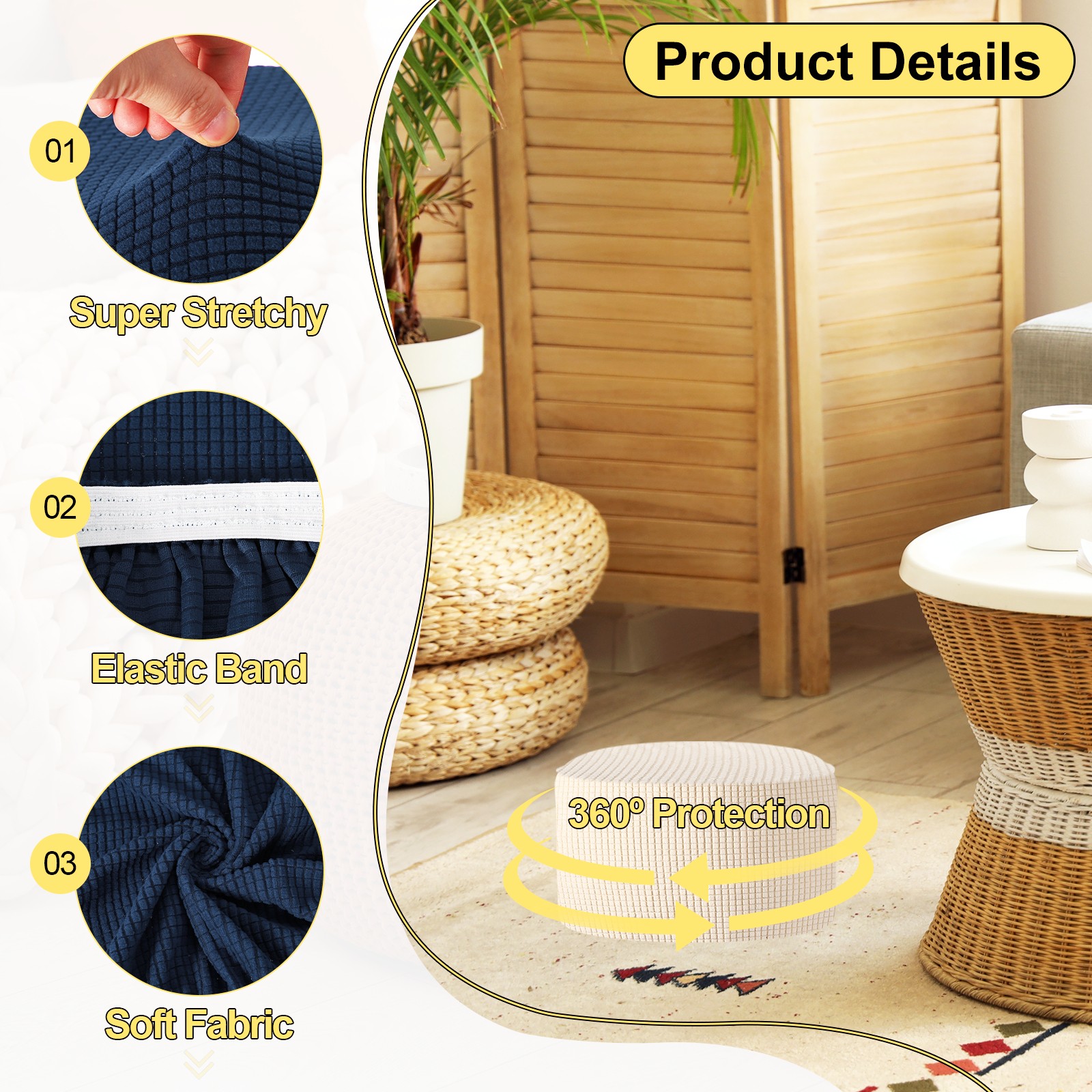 Ottomen Cover Round with Elastic Bottom, (Small Size, Navy Blue)