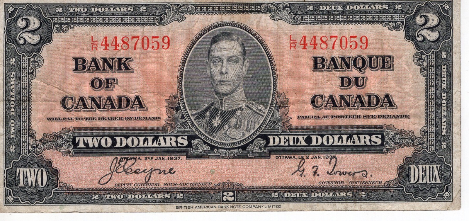 Bank of Canada 1937 $2 Two Dollars Coyne-Towers L/R Prefix VF