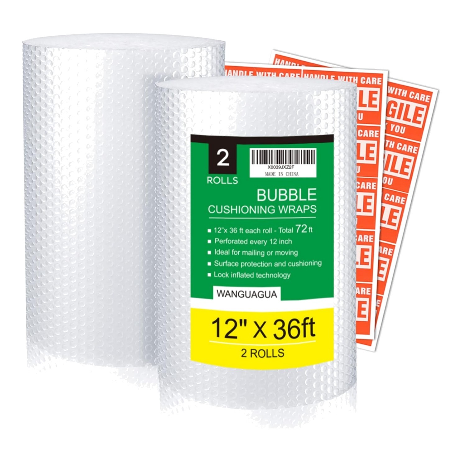 Eco-Friendly Bubble Packing Wrap: 2 Pack, 12 in x 72 ft for Safe Shipping