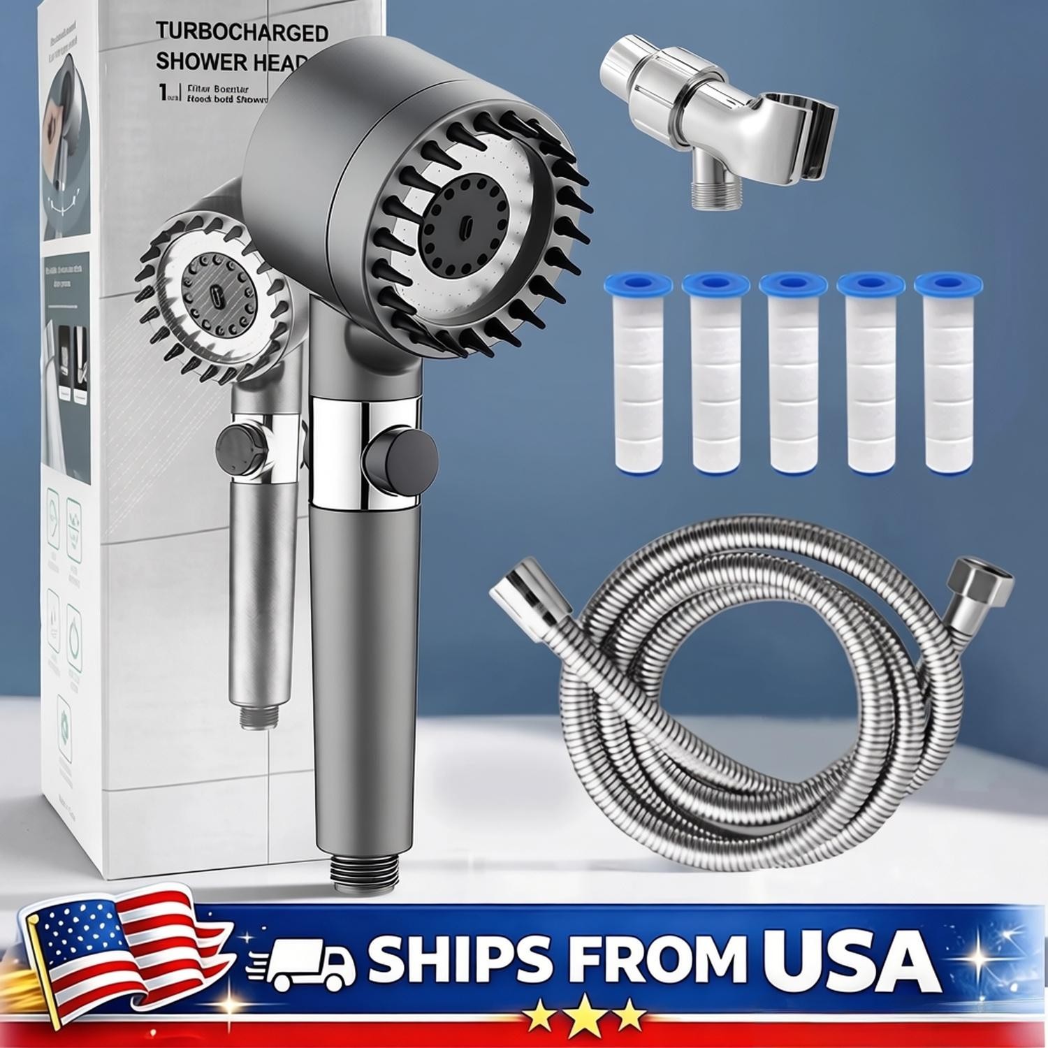 New High Pressure Shower Head Handheld Shower Head With 5 Filters 1.5m Hose USA