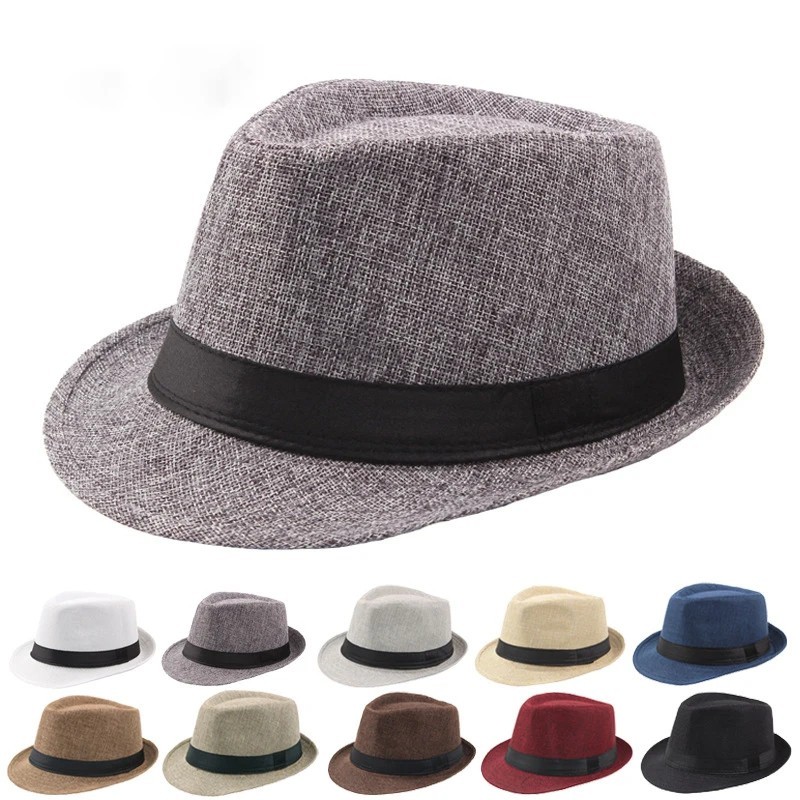 Men Women Summer Straw Fedora Hat Trilby Cuban Sun Cap Panama Short Brim Floral