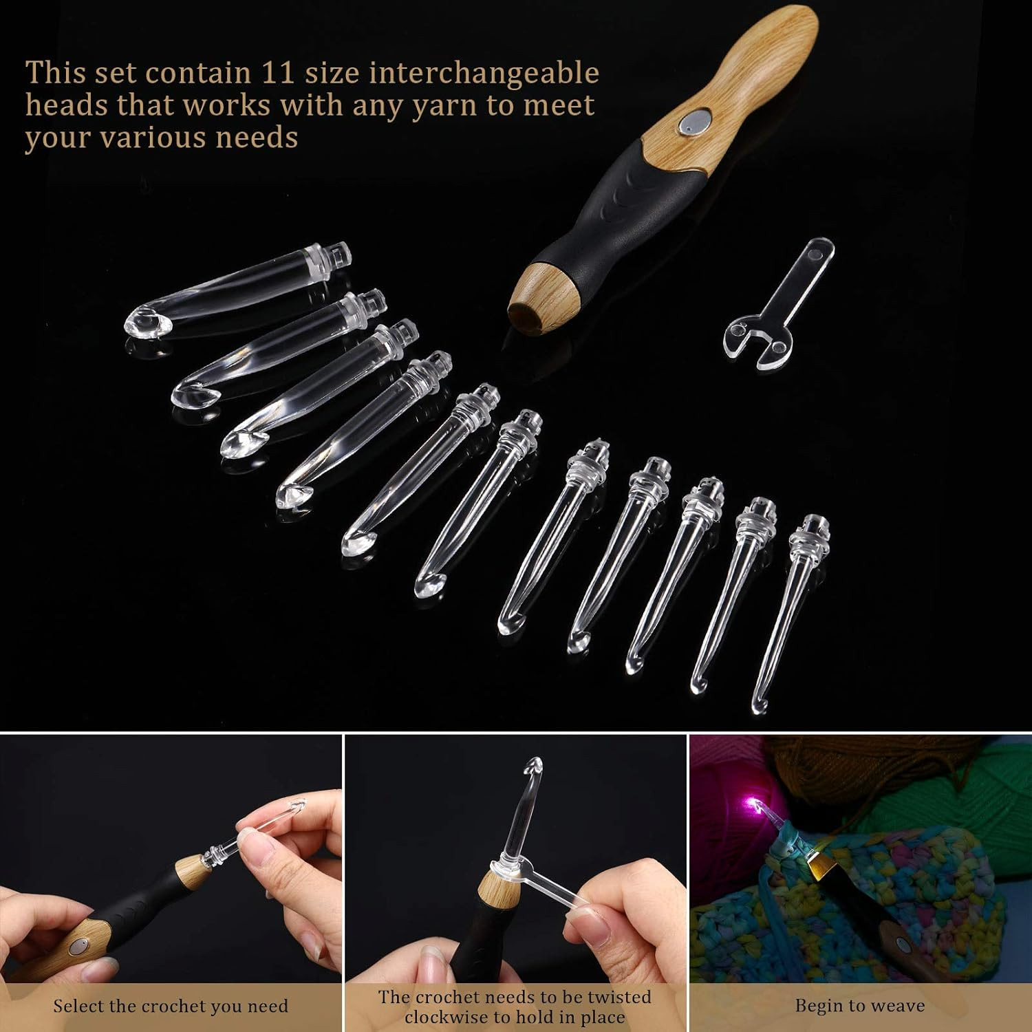 11 Sizes Lighted Crochet Hooks Set Rechargeable Crochet Hook Light up Hooks with