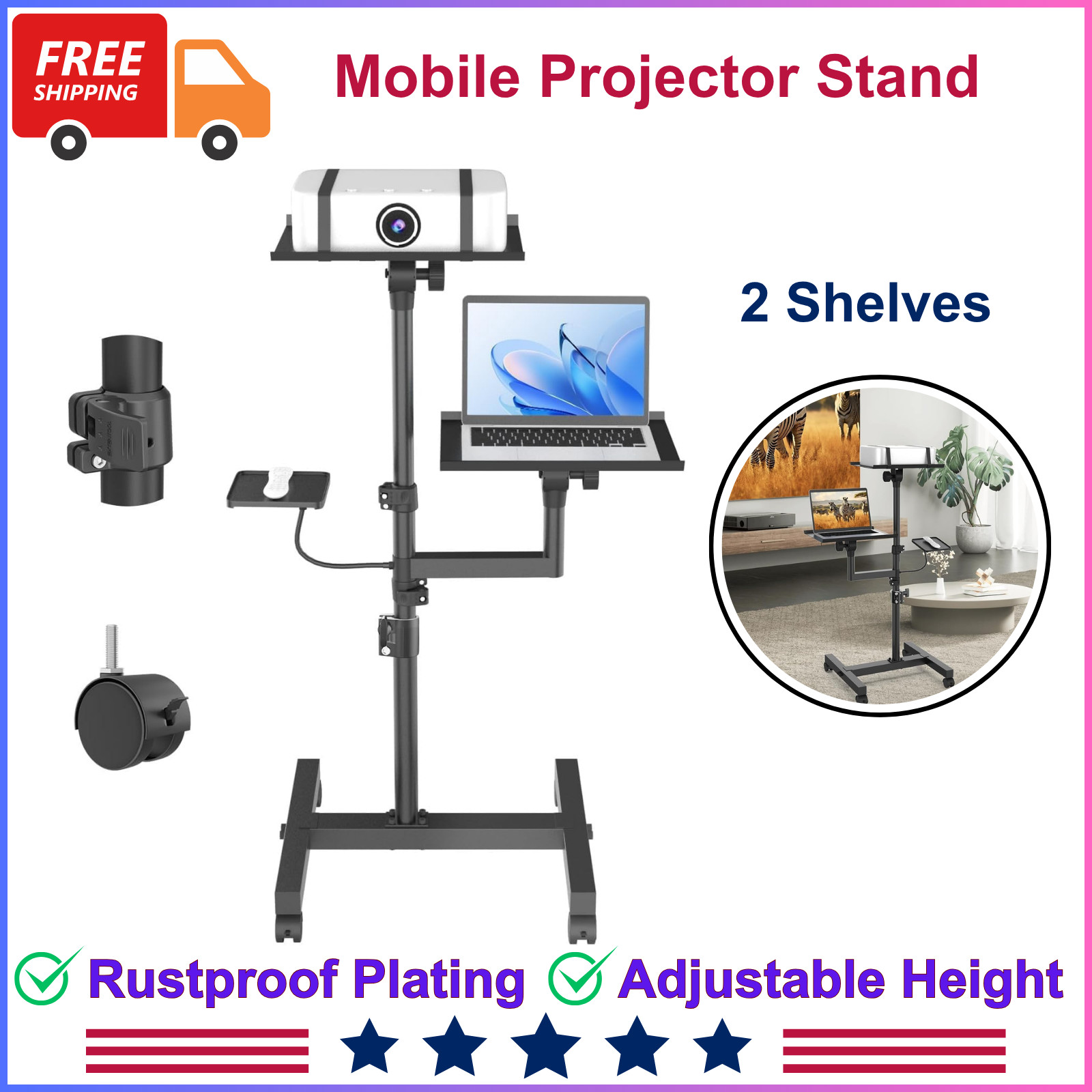 2 Shelves Mobile Projector Stand, Rolling Laptop Stand Adjustable Height to 47in