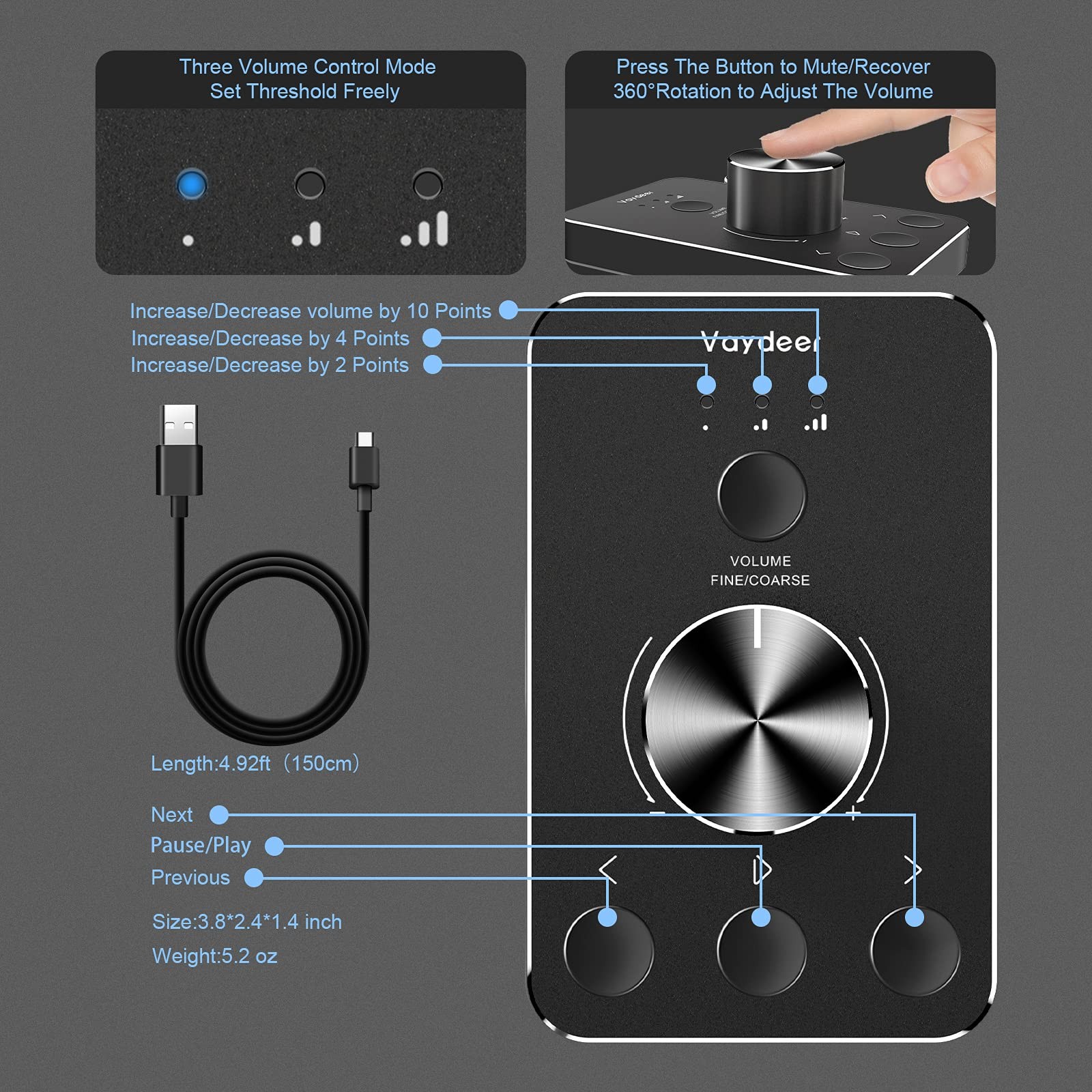 Volume Control Knob with One-Click Mute Function and 3 Volume Control Modes, ...
