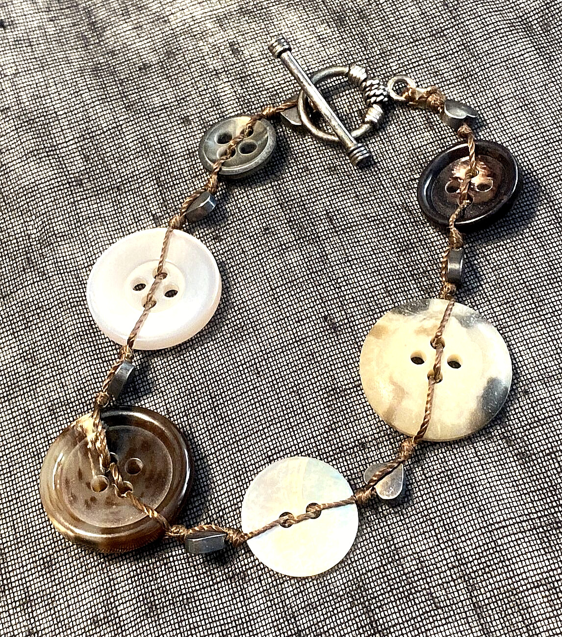 Artisan Handmade Up-cycled  Button String Toggle Bracelet 7"