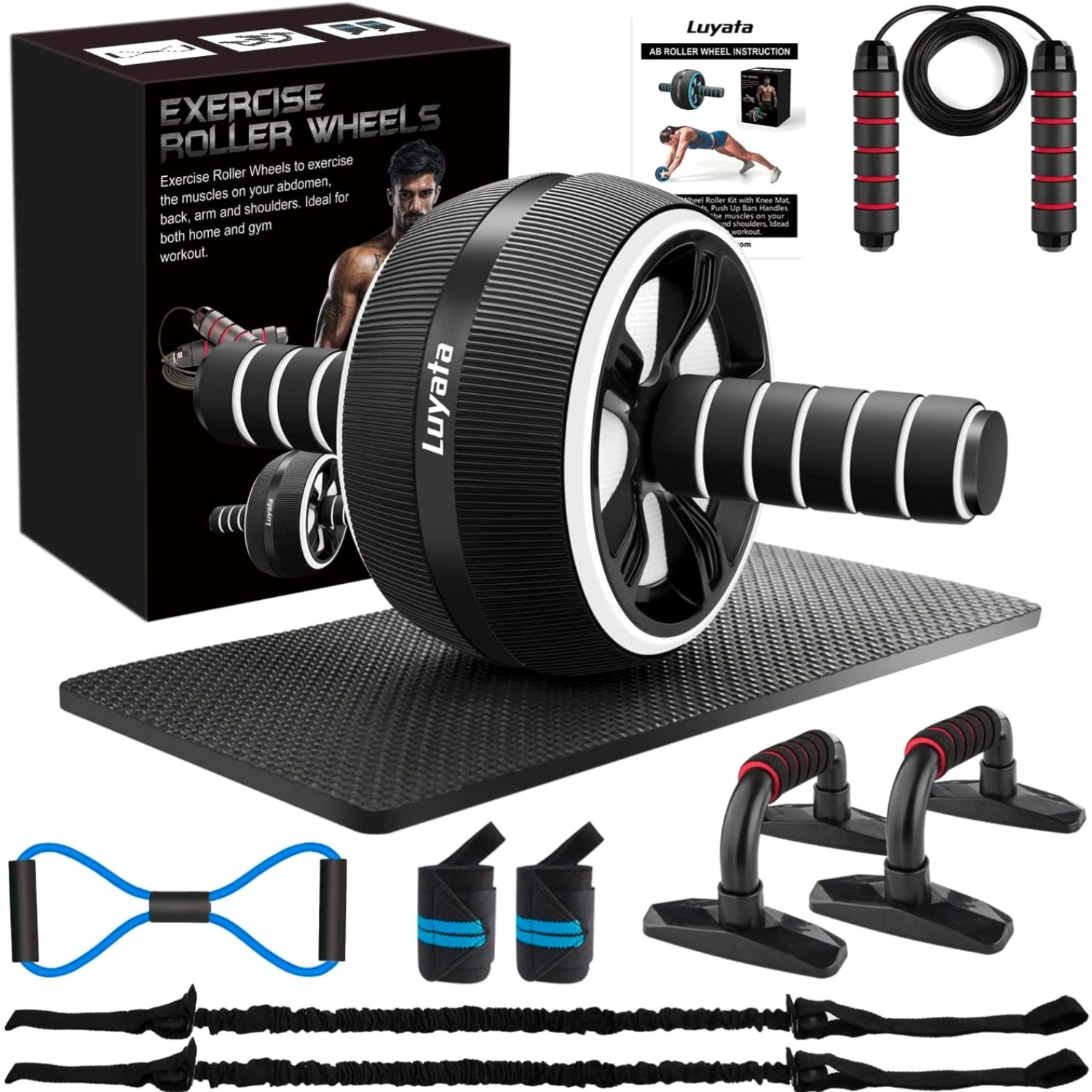 Full Body Ab Roller Exercise Kit - 10 Pieces with Resistance Bands & Guide Book