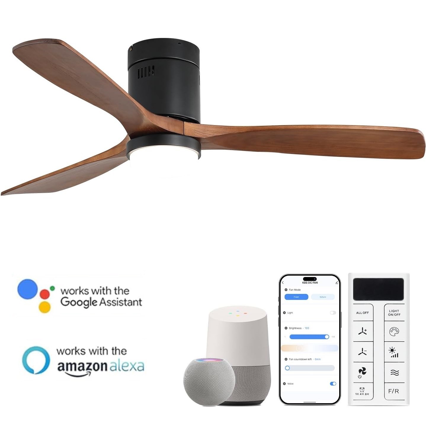 Sofucor Wood Low Profile Ceiling Fan with LED Light & Smart APP Remote Control