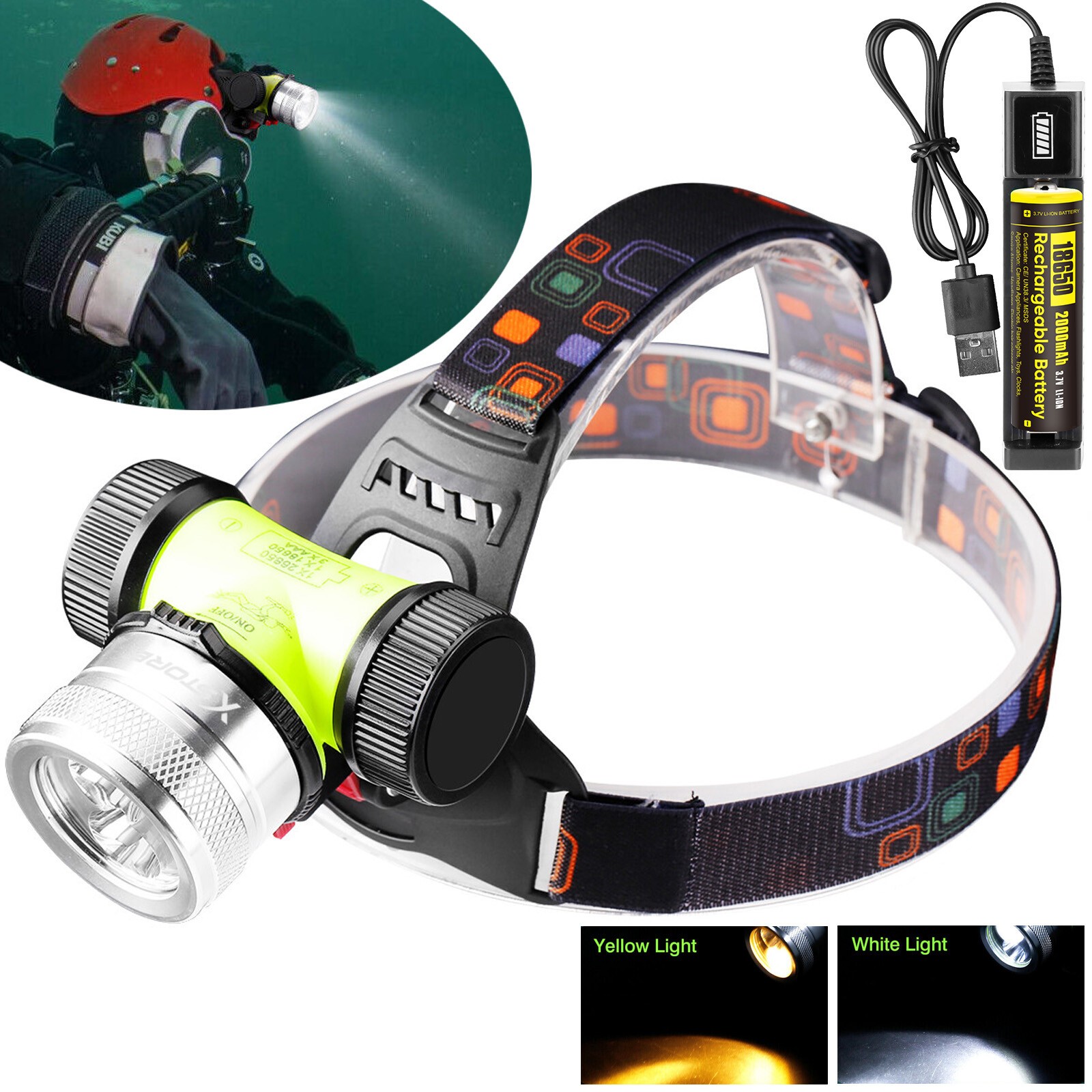 Underwater 262ft Scuba Diving LED Headlamp Headlight Waterproof Head Dive Torch