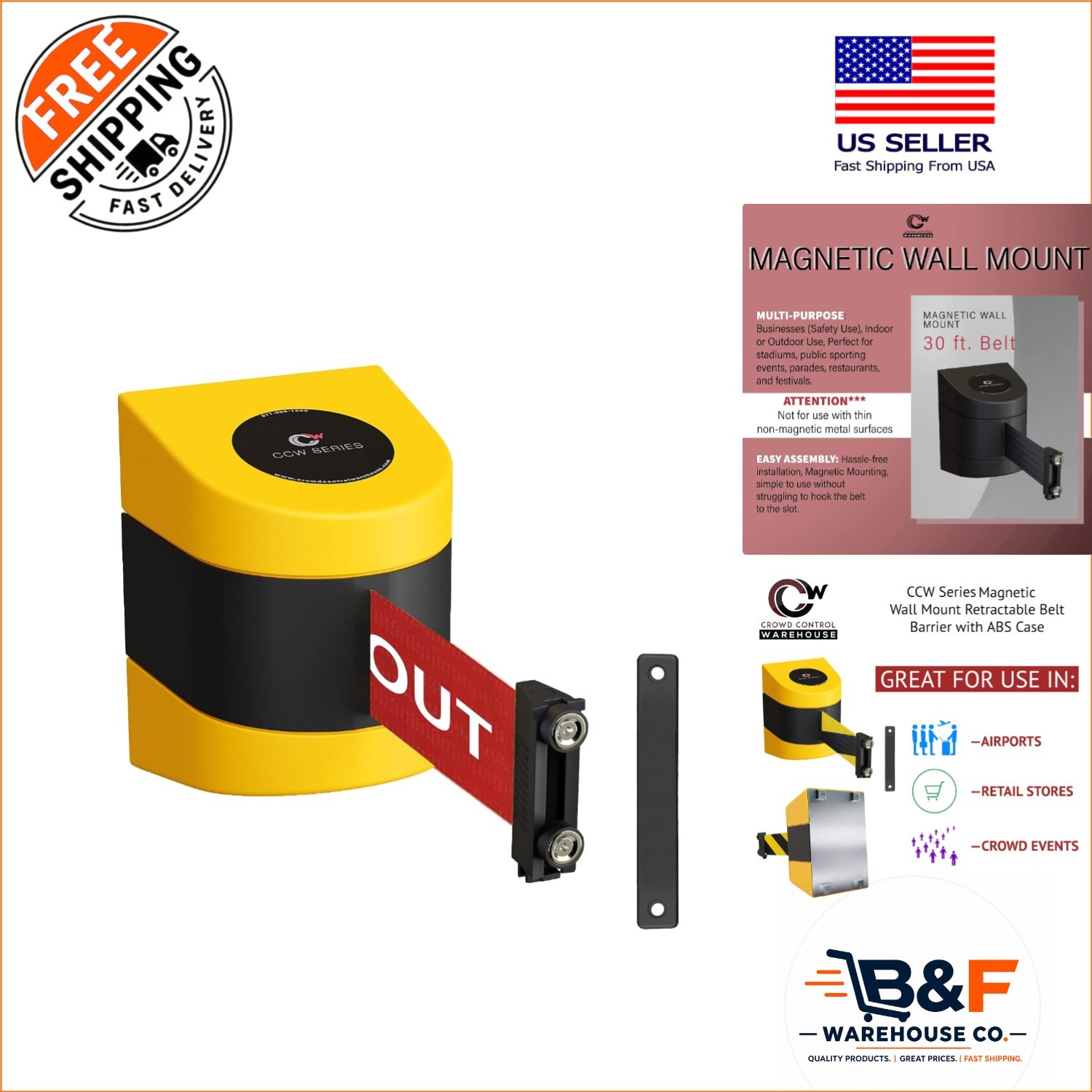 Wall Mounted 30ft Retractable Belt Barrier - Red with White Warning