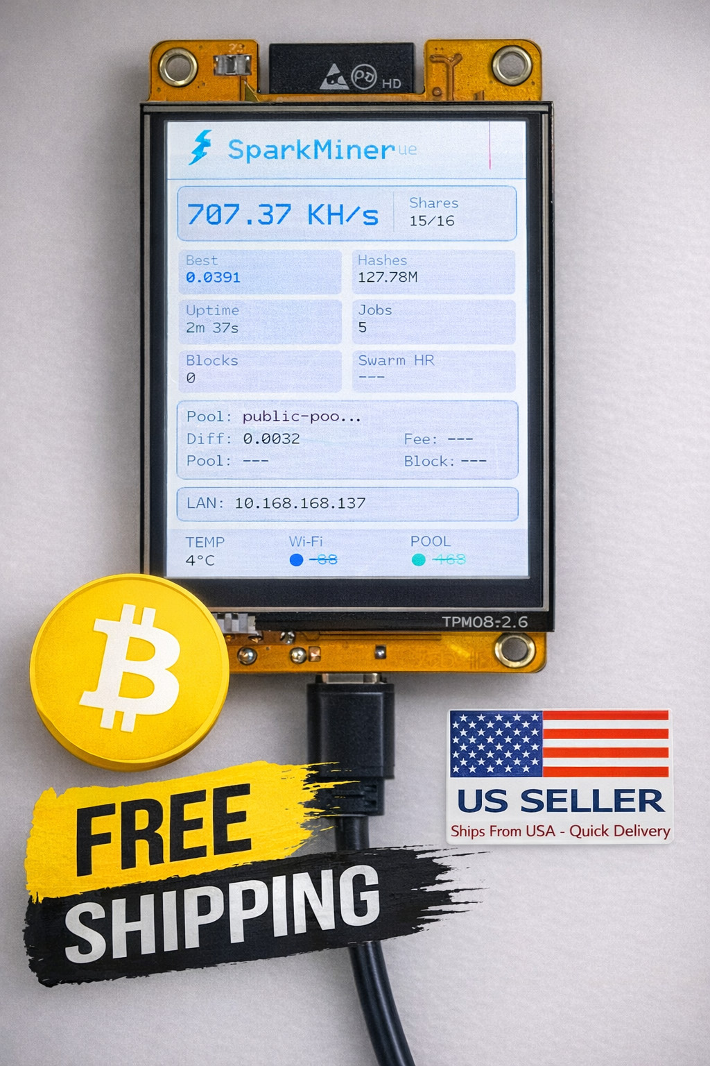 Bitcoin Miner SparkMiner BTC Solo Lottery SHA-256 USB USA Like NerdMiner V2