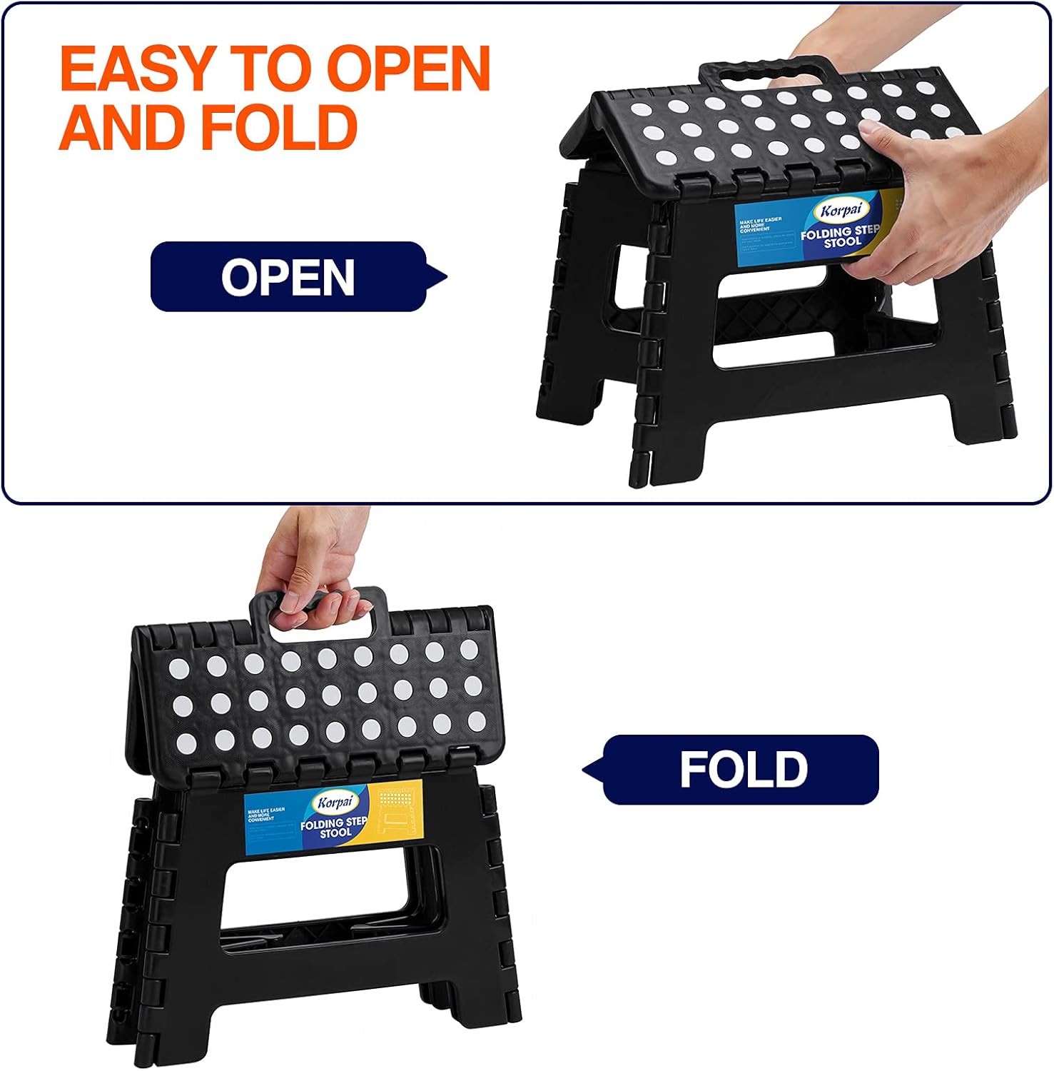 Folding Step Stool with Handle, Non-Slip Plastic Foldable Stool for Adults and