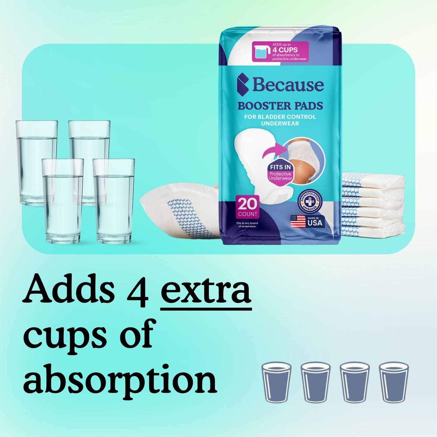 Because Overnight Booster Pads Fit All Adult Diapers, Helps 45 Count, White