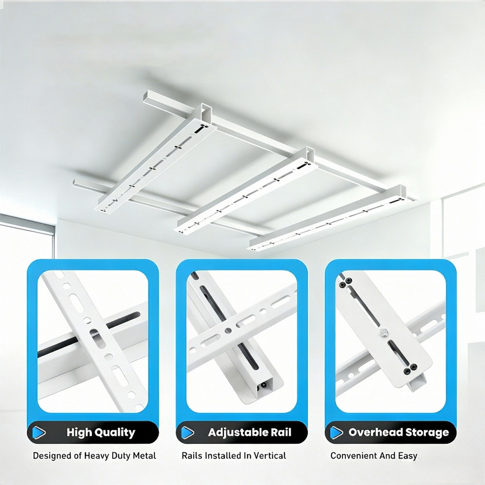 Adjustable Ceiling Mount Garage Tote Storage Rail White Overhead Bin Slide Rack