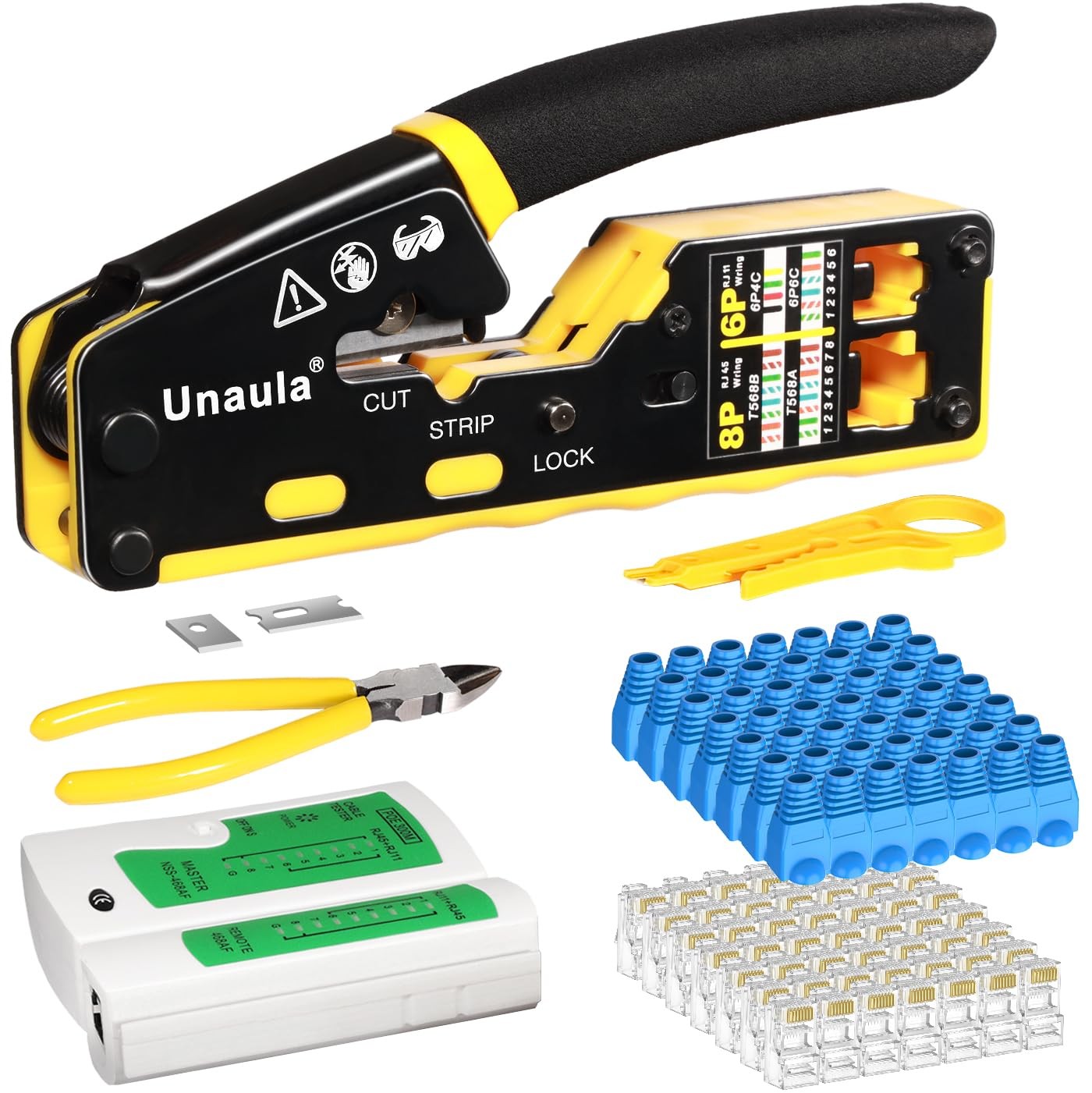 RJ45 Crimp Tool Pass Through Ethernet Crimper Kit Compact, Black & Yellow
