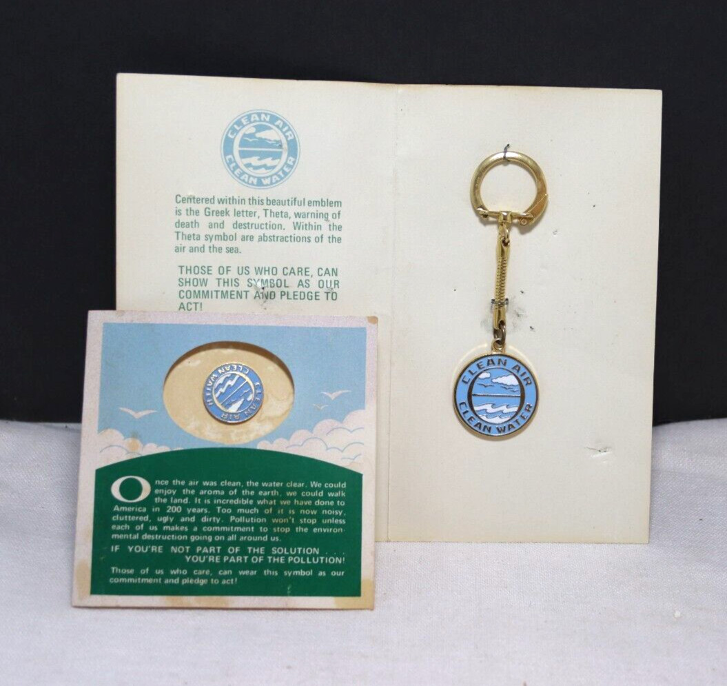 Clean Air Clean Water Lettered Pin and Key Chain Blue & Gold Tone