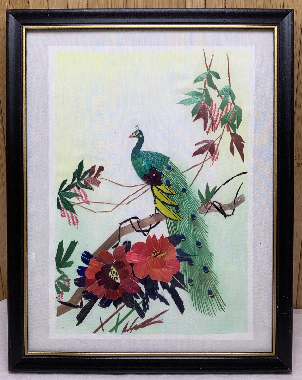 Vintage Oriential Mixed Media Organic Bamboo Peacock Floral Flowers Collage Art