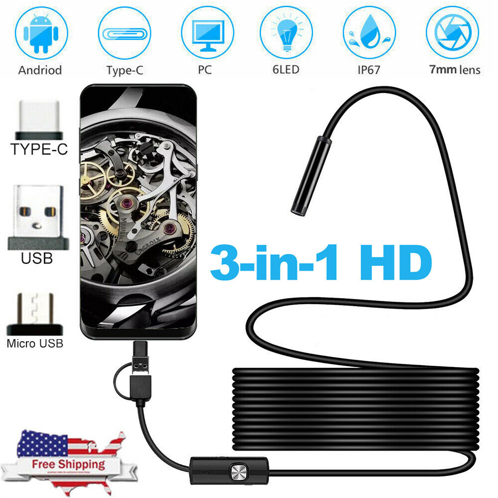 6.5FT Industrial Endoscope 7mm Borescope 6LED Inspection USB Snake Camera Scope