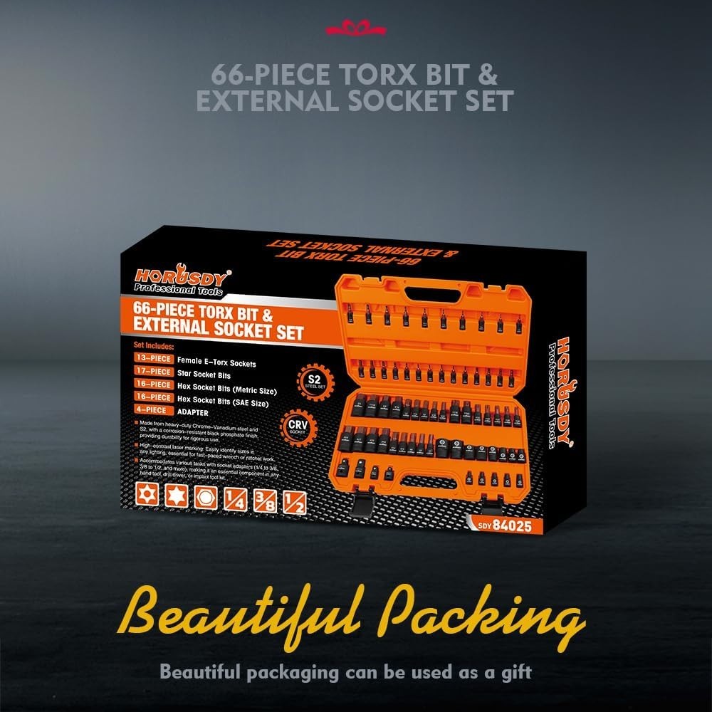 66-Piece Allen Socket Set - Torx Bit Socket and Female External Socket Set, S...