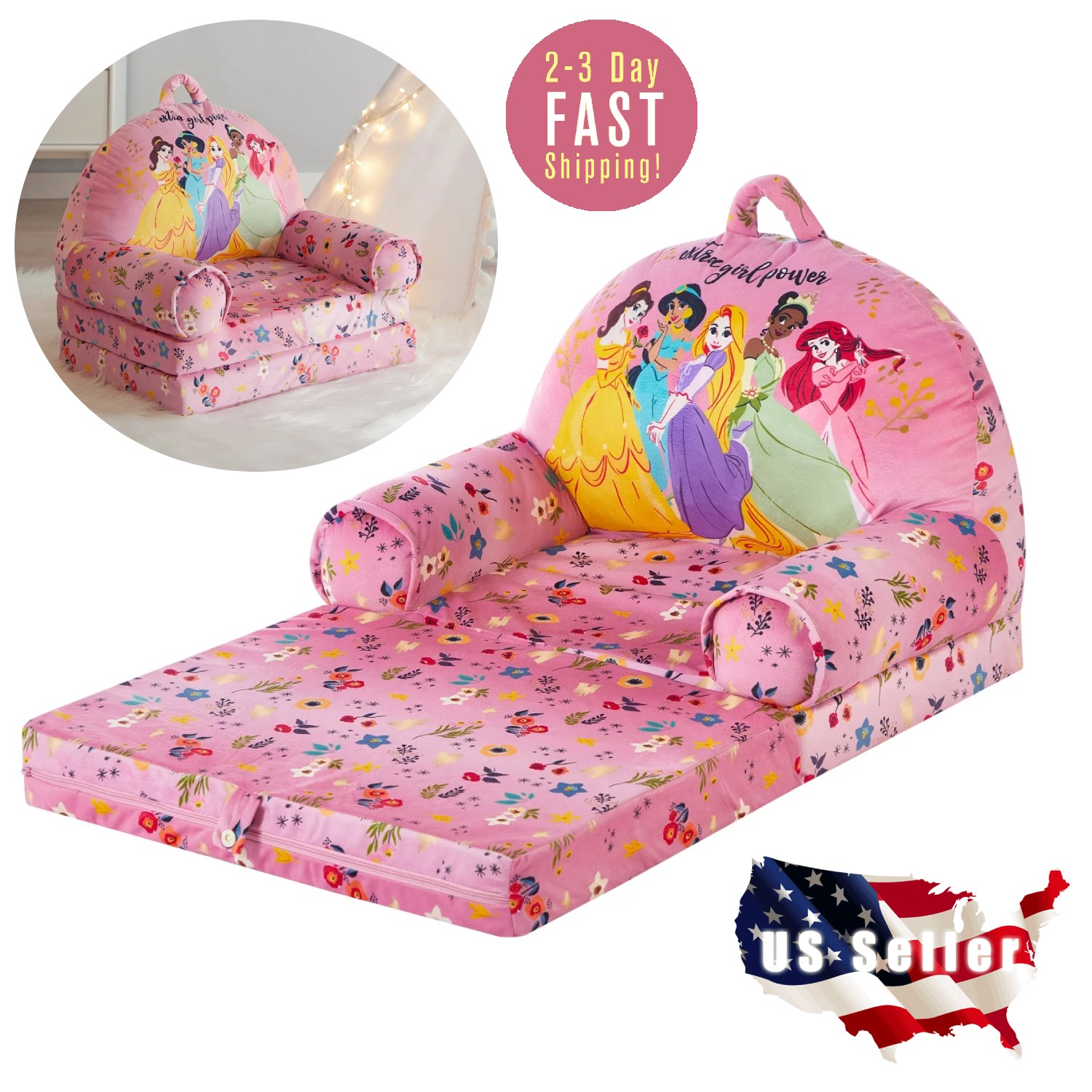 Princess Pink Flip Out Chair To Lounger Couch Sofa For Kids Girls Toddlers 1-3