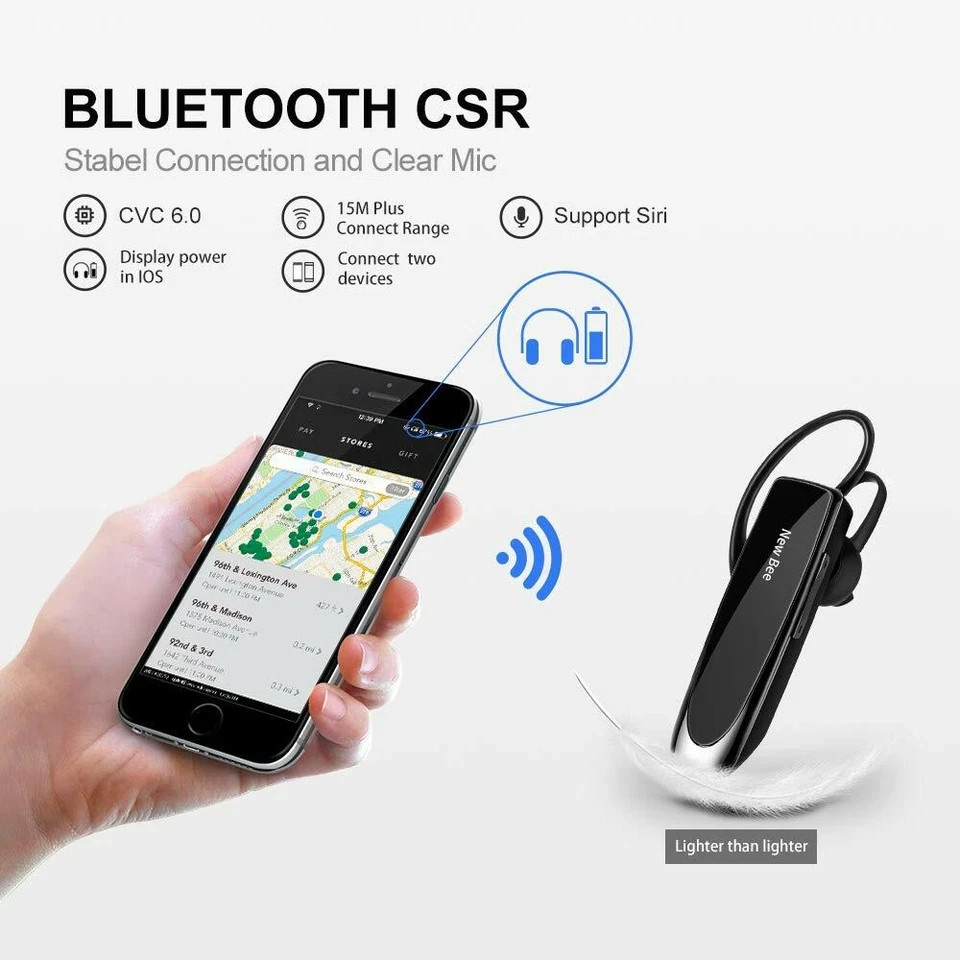 New Bee Bluetooth Headset Two Device Connection Handsfree driving Headset, Black