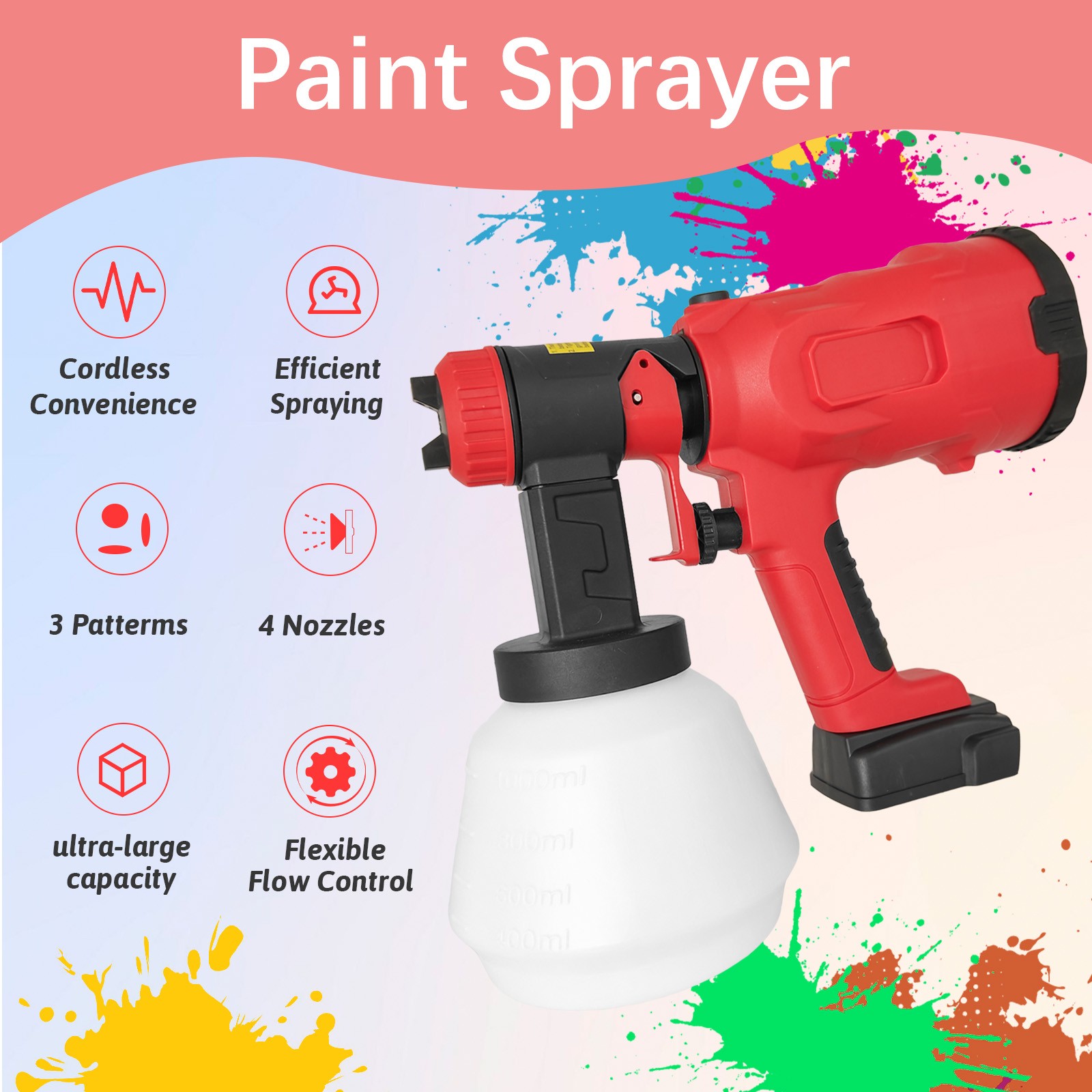 Paint Sprayerwith Adjustable Spray Width Knob 4 Nozzles and 3 Patterns