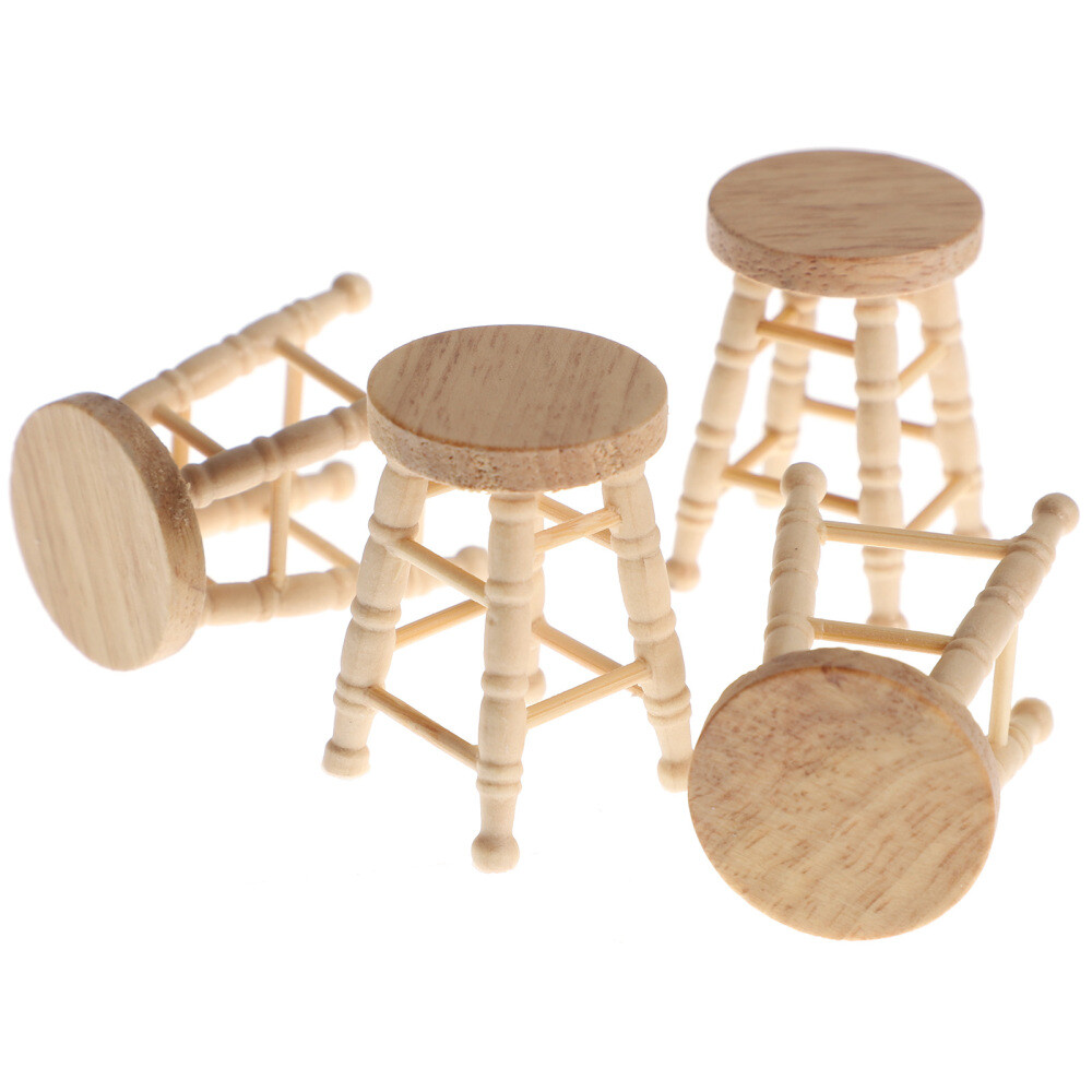 4PCS Wooden Stools Photo Props Kids Playthings Dollhouse Supplies (Khaki)