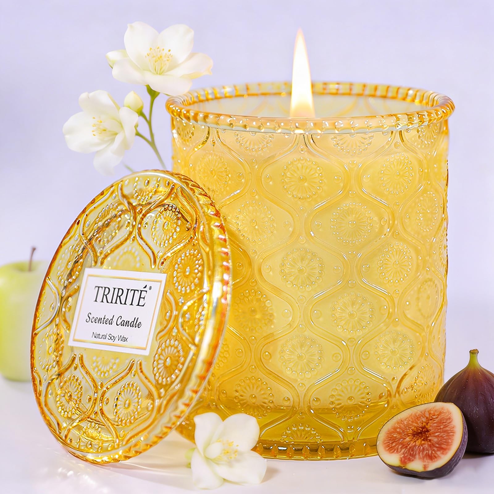 Sandalwood Fig Amber Scented Candles for Mother's Day, Natural 3.4x4 in, Gold
