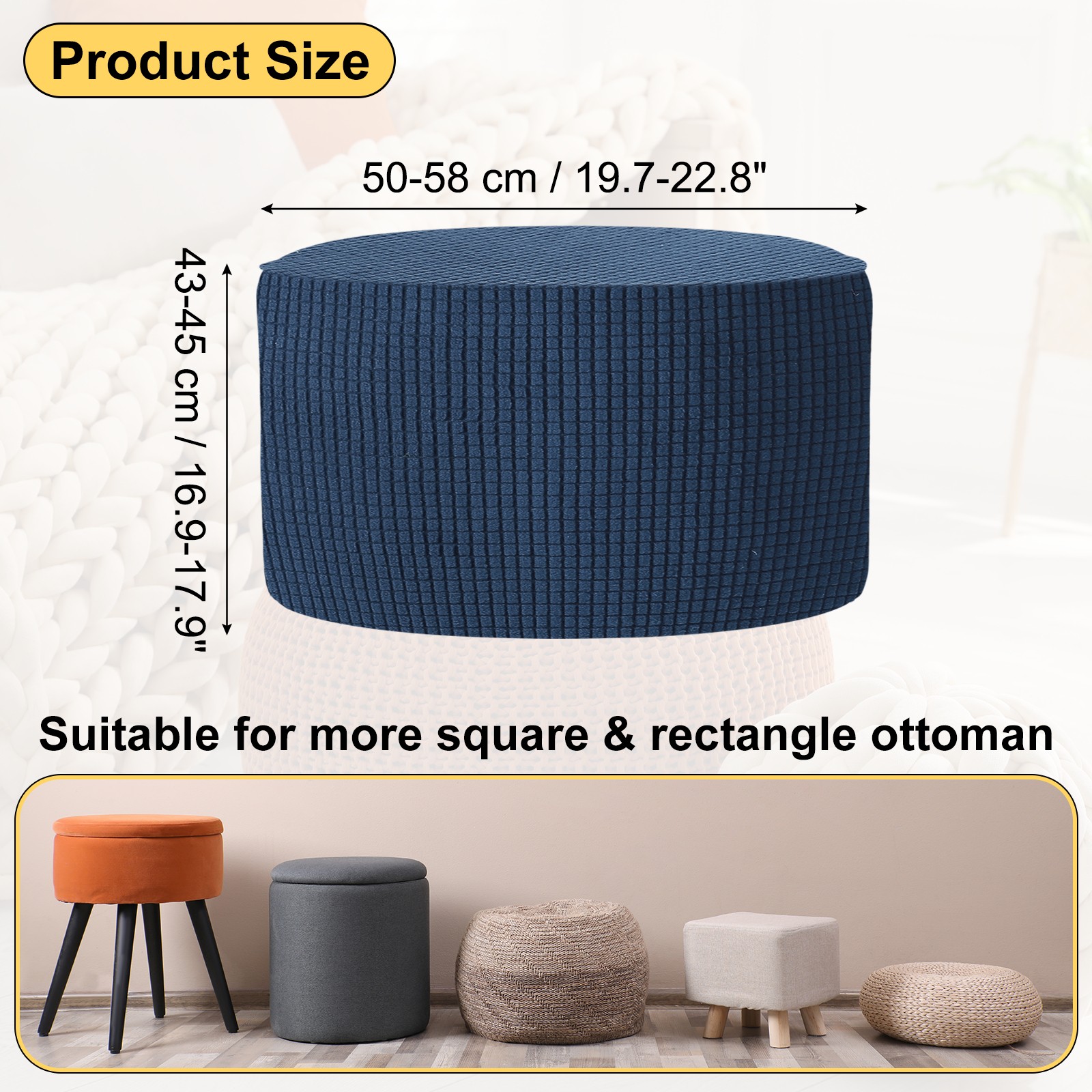 Ottomen Cover Round with Elastic Bottom, (Small Size, Navy Blue)