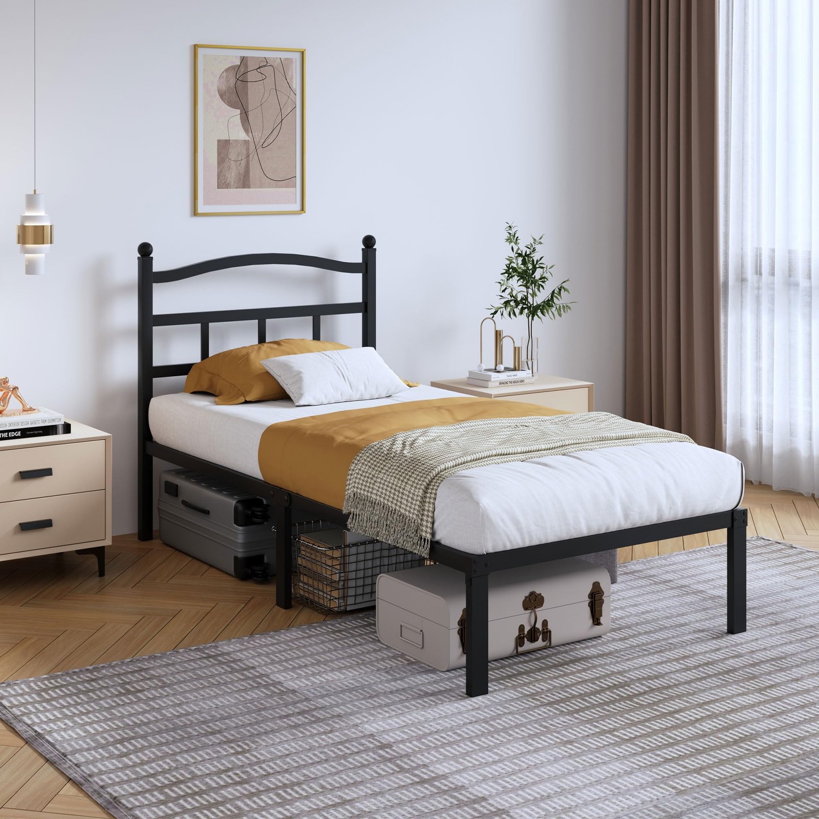 SHOANED 14 Inch Metal Bed Frame - Twin Size Heavy Duty Bedframe with Headboar...
