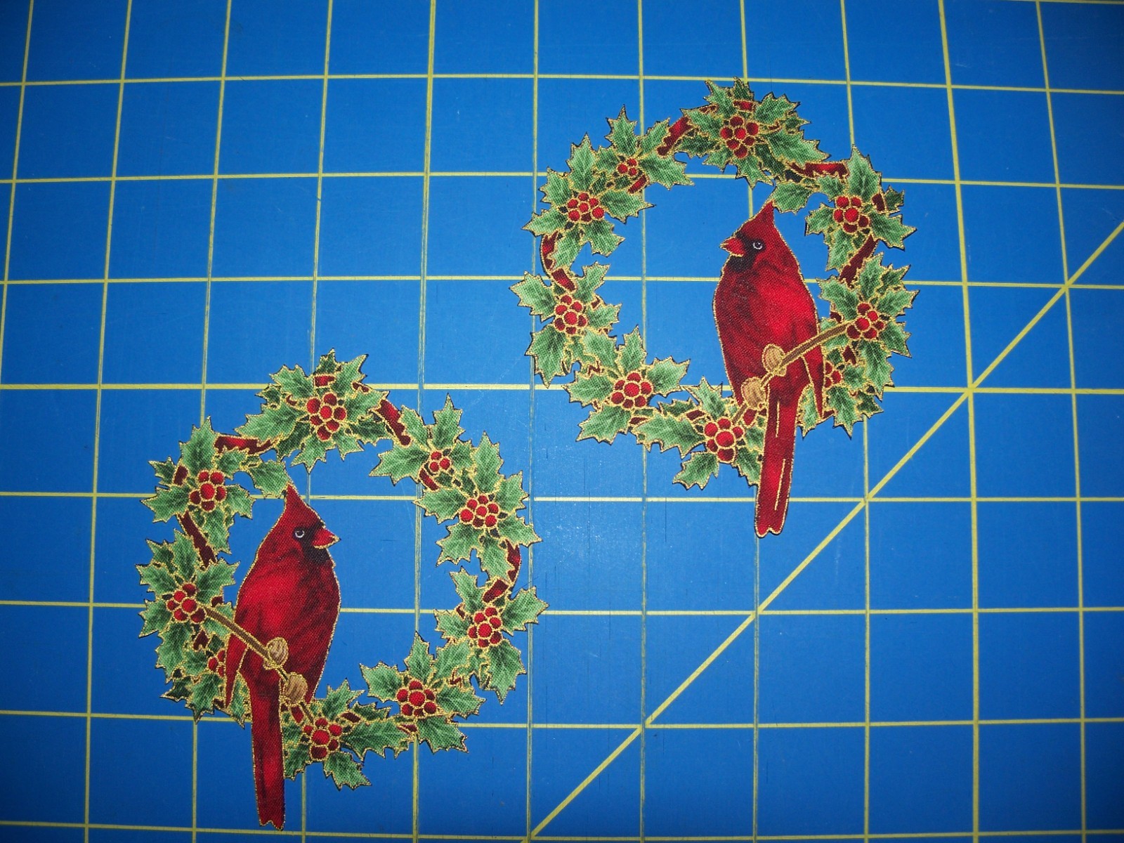 Fabric Iron On Appliques -  2 Cardinals sitting in Christmas Wreath