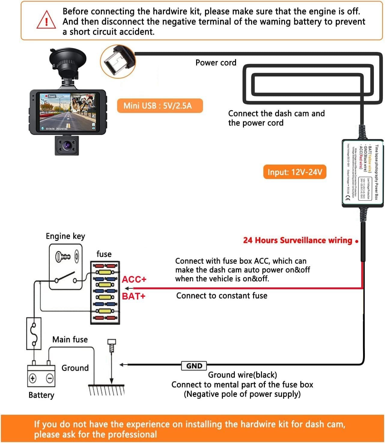 Continuous Power Dash Cam Hardwire Kit - Low Voltage Protection & Easy Install