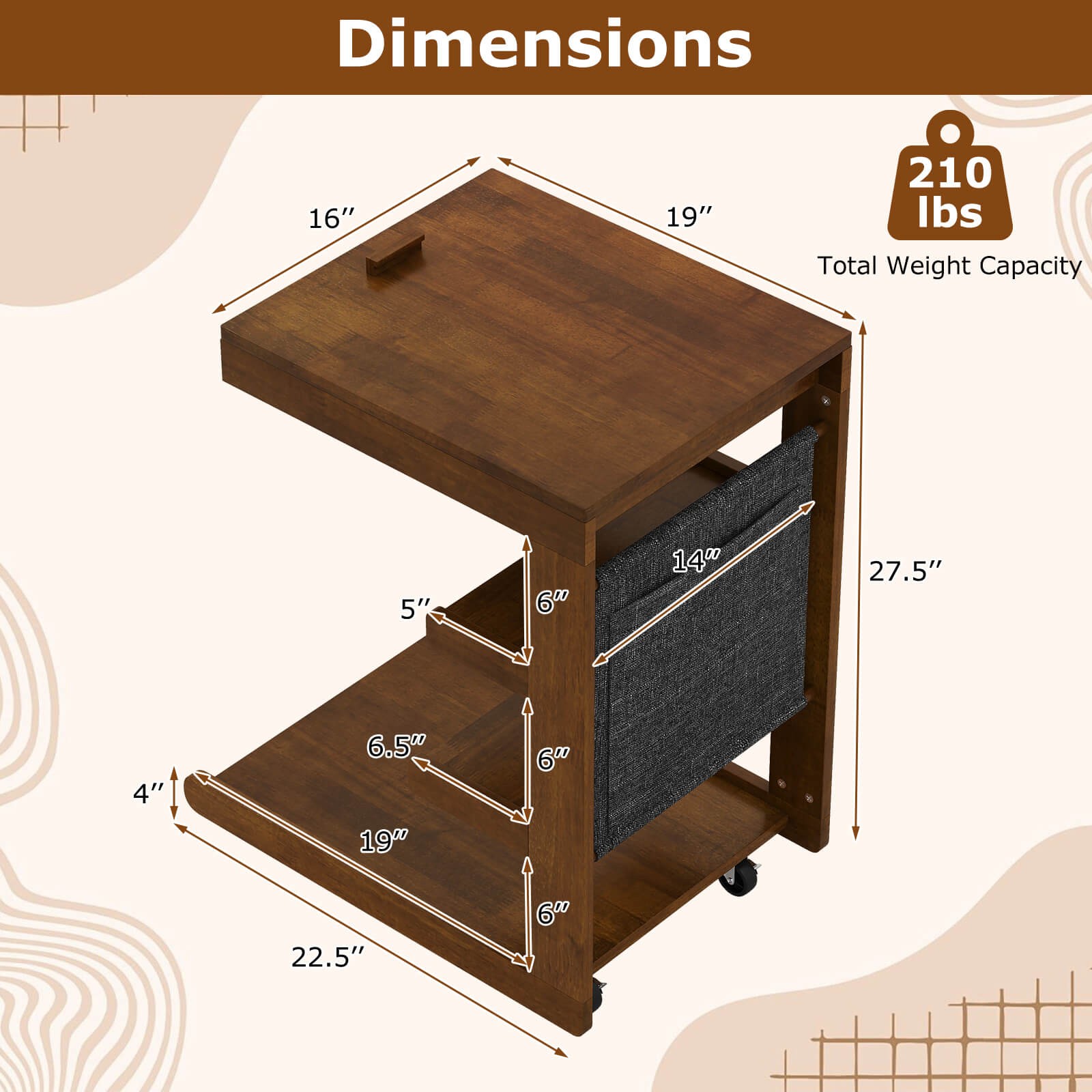 2PCS C-shaped End Table w/Wheels Adjustable Desktop Edge Stopper Storage Pocket