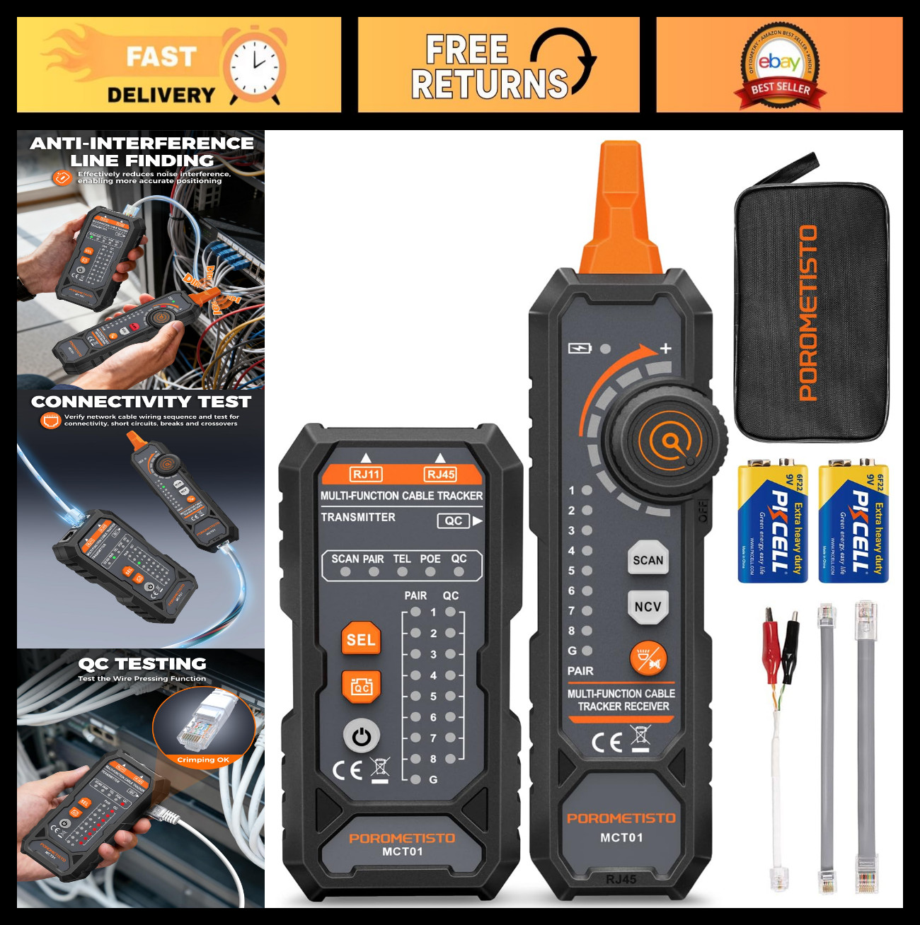 4-in-1 Ethernet Cable Tester with PoE, NCV, Tone Tracing & Flashlight - RJ11/RJ4