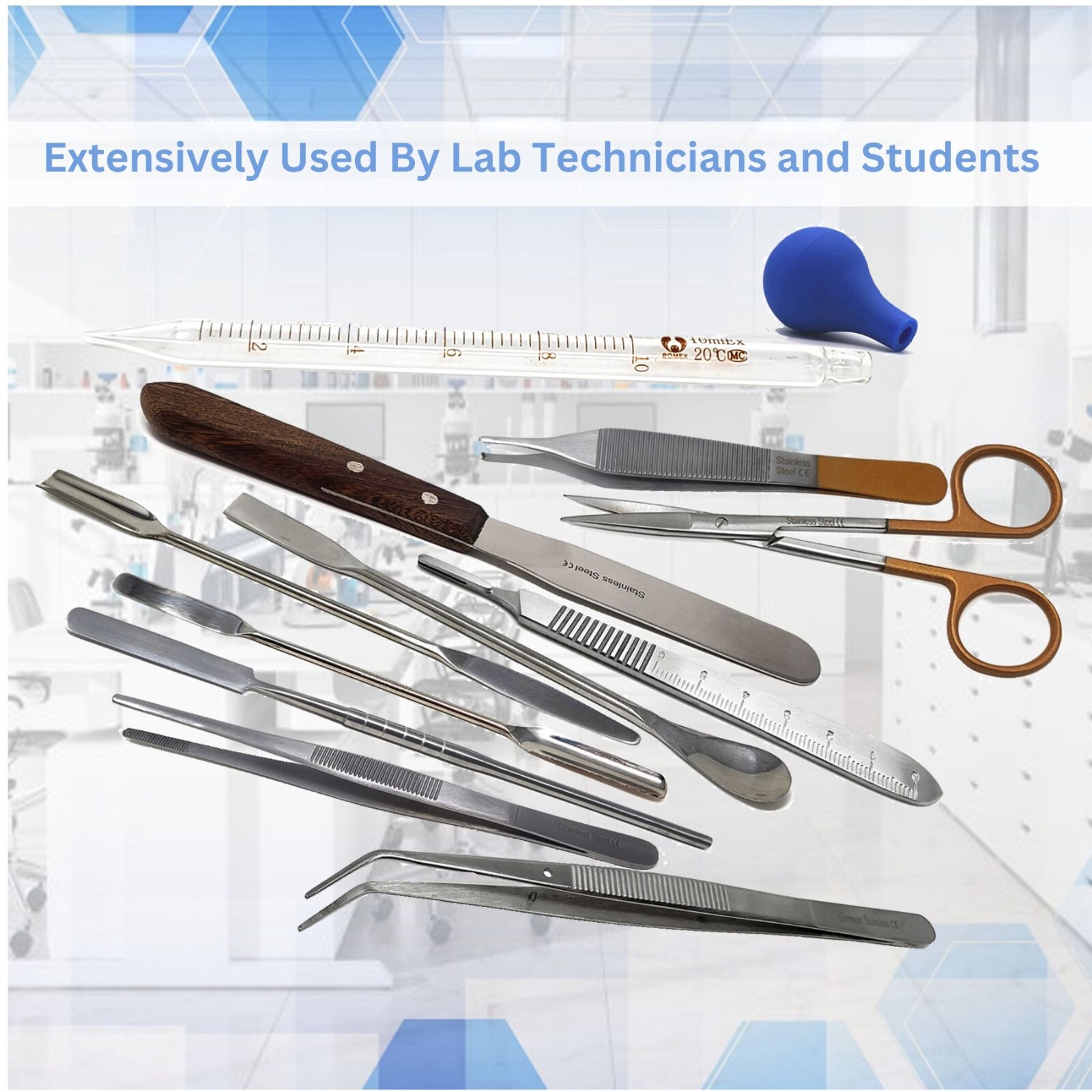 11 Pcs Science Lab Spatula Tweezer Dissecting Scissors Pipette Sampler Set