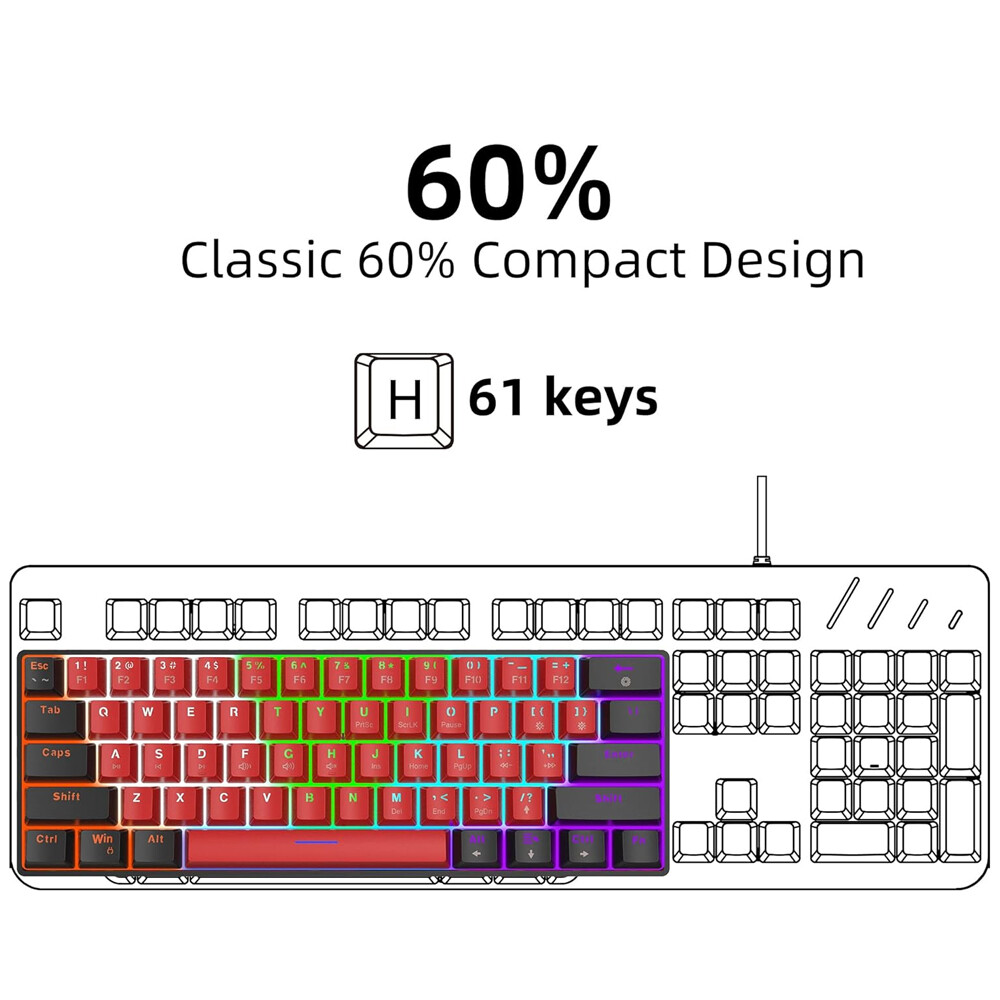 Snpurdiri 60% Wired Gaming Keyboard RGB Backlit Small Membrane 61 Keys for PC
