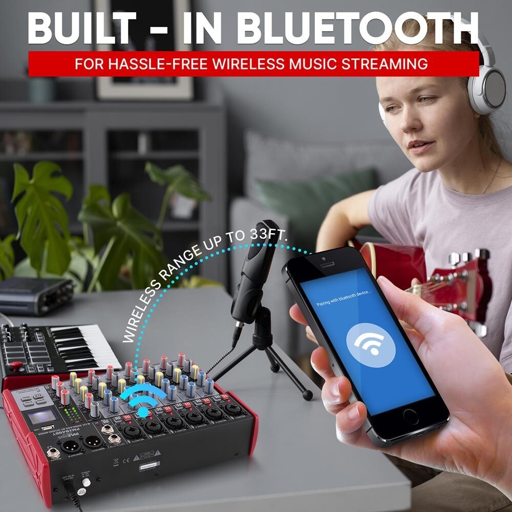 Pyle Professional 8-Channel Bluetooth Wireless DJ Mixer +48V PHANTOM POWER