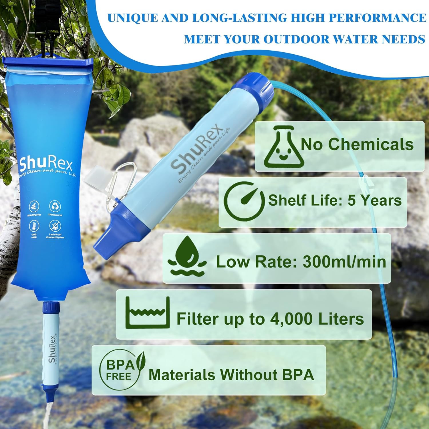 Gravity Fed Water Filtration System with Adjustable Tree Strap, Gravity Bag with