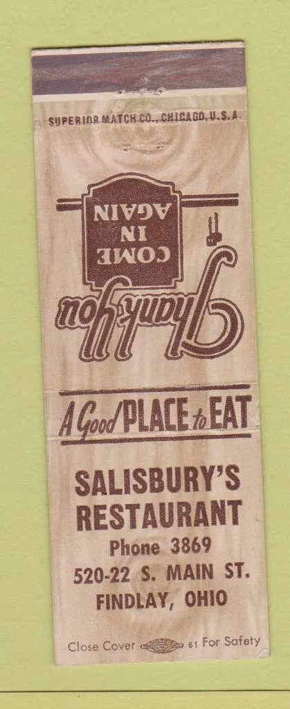 Matchbook Cover - Salisbury's Restaurant Findlay OH