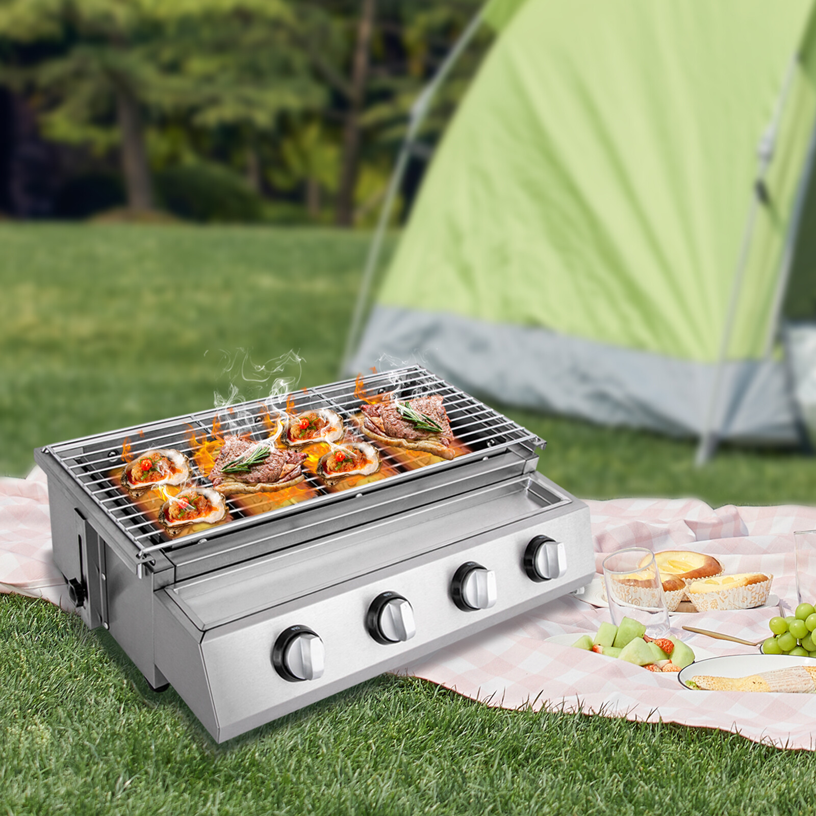 Gas BBQ Grill Stainless Steel Outdoor Camp Picnic Barbecue Shish Kabob 4 Burner