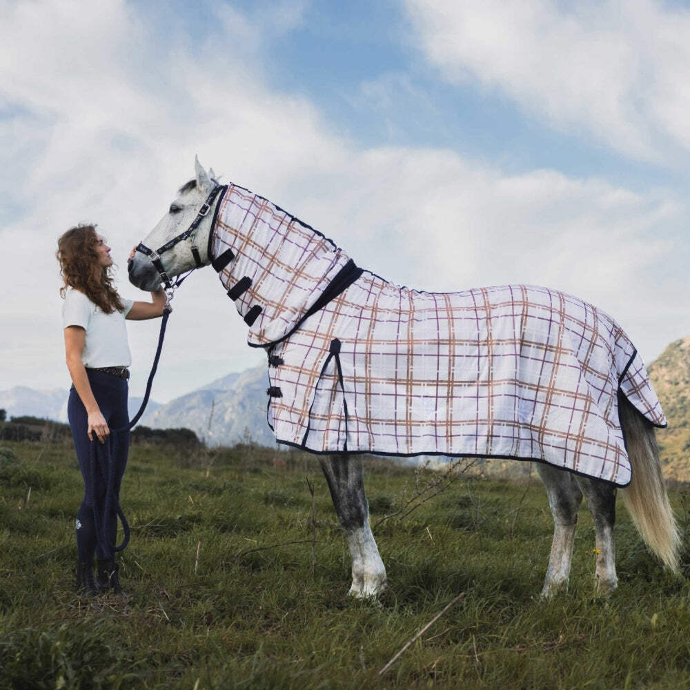 24TU3FS-CHK/NV Horze Defender Combo Fly Sheet - Check Print Navy NEW
