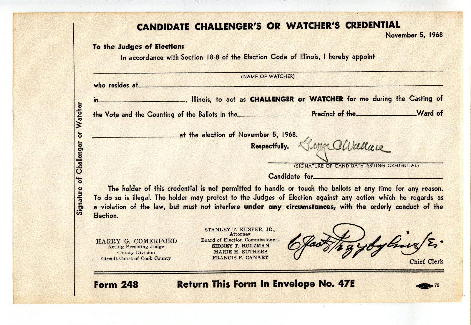 1968 George Wallace Poll Watcher Form,  Cook County, IL Candidate's Challenger