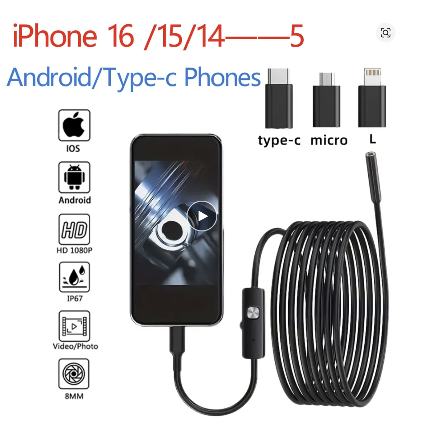 Endoscope Borescope 8mm 1920P HD Inspection Snake Camera for iPhone Android iOS
