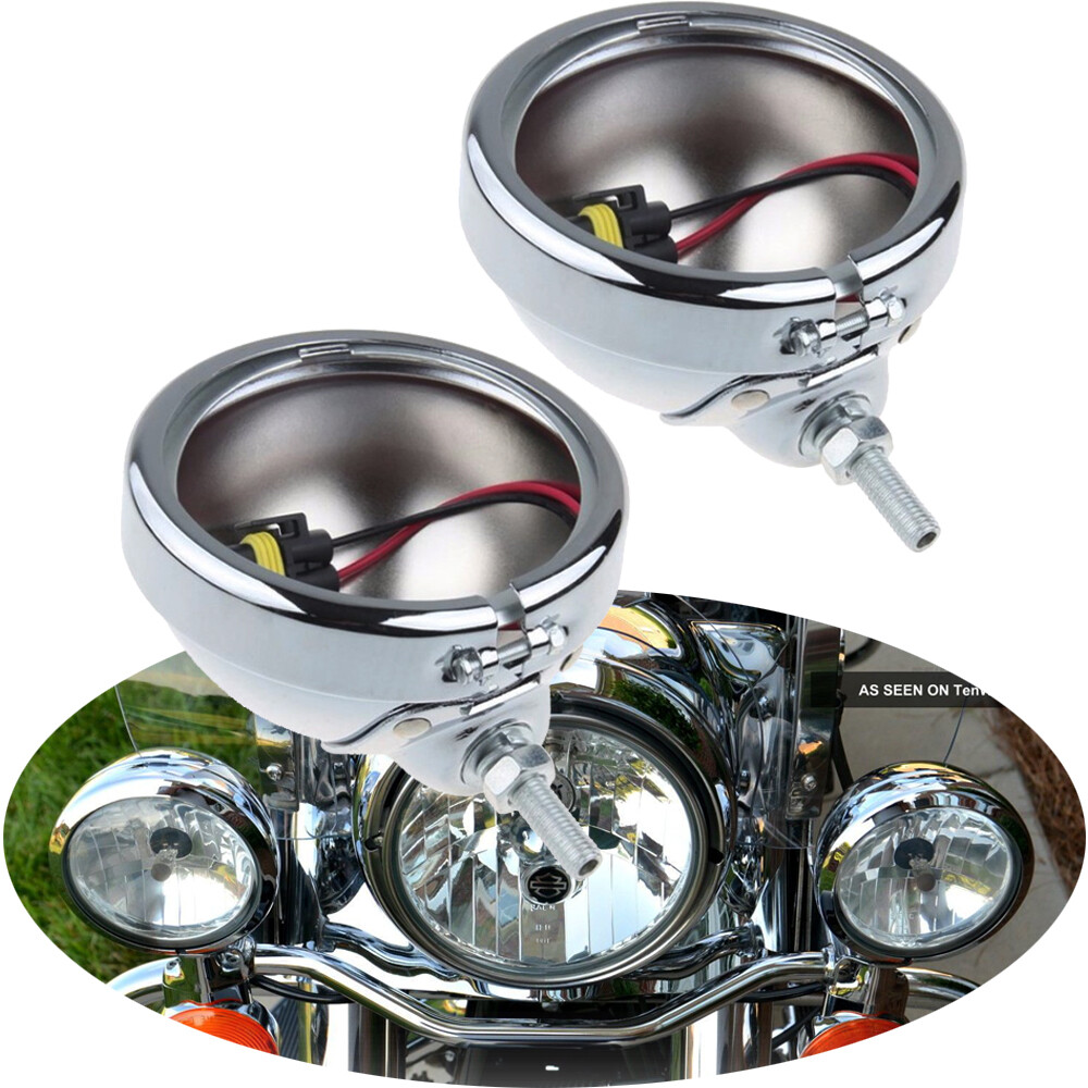 Chrome 4.5'' LED Fog Passing Light Housing Holder For Harley Softail Sportster