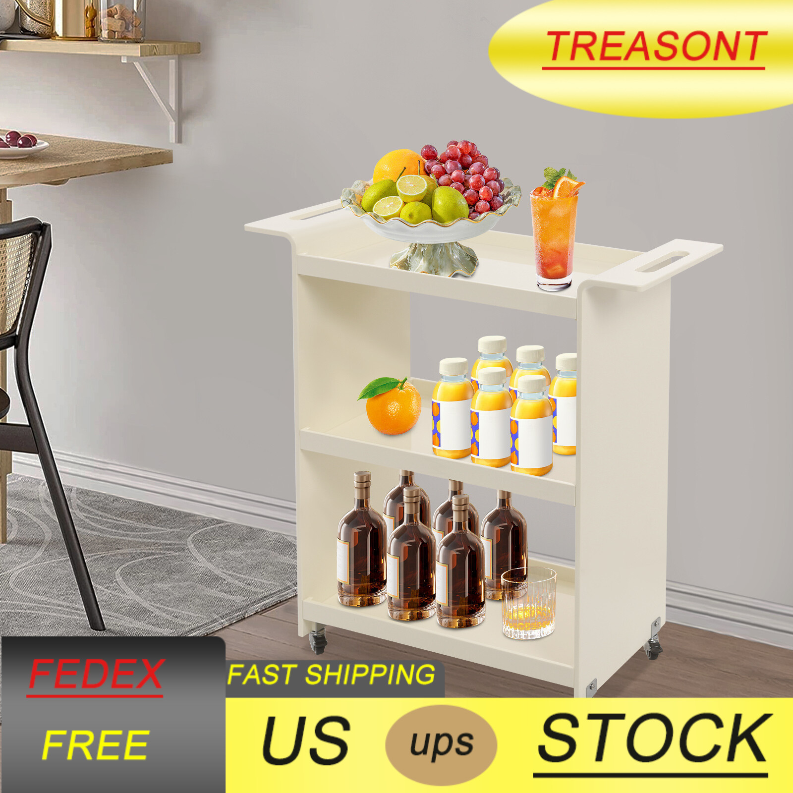 71*30*73cm Milky White Freestanding Mobile Pc Rolling Serving Cart With Wheels